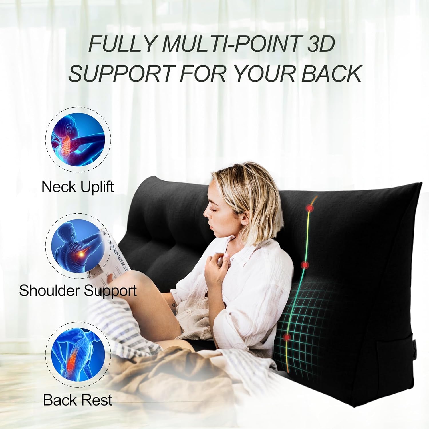 Headboard Pillow Triangular Bed Wedge Pillow for Headboard Large Bolster Pillow for Bed with Removable Cover, 85% Linen 15% Cotton Blend, Black