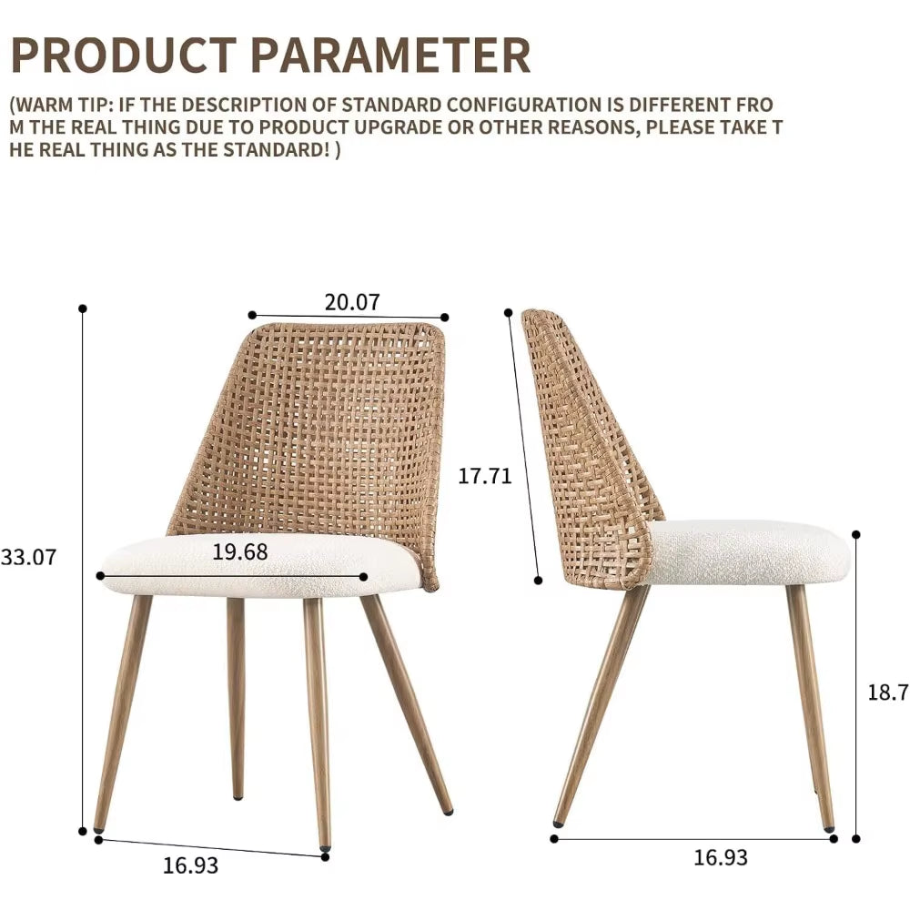 Rattan Dining Chairs Set of 4,Modern Upholstered Boucle Kitchen Room Chairs with PE Cane Back and Metal Legs for Kitchen