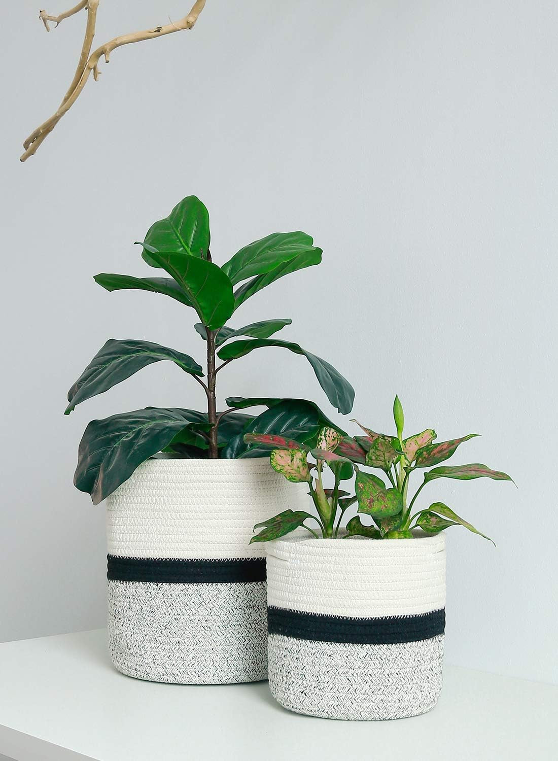 700701 Woven Cotton Rope Plant Basket for 7" Flower Pot Floor Indoor Planters, 8โ X 7.5โ Storage Basket Organizer Modern Home Decor, White Black Grey Stripes