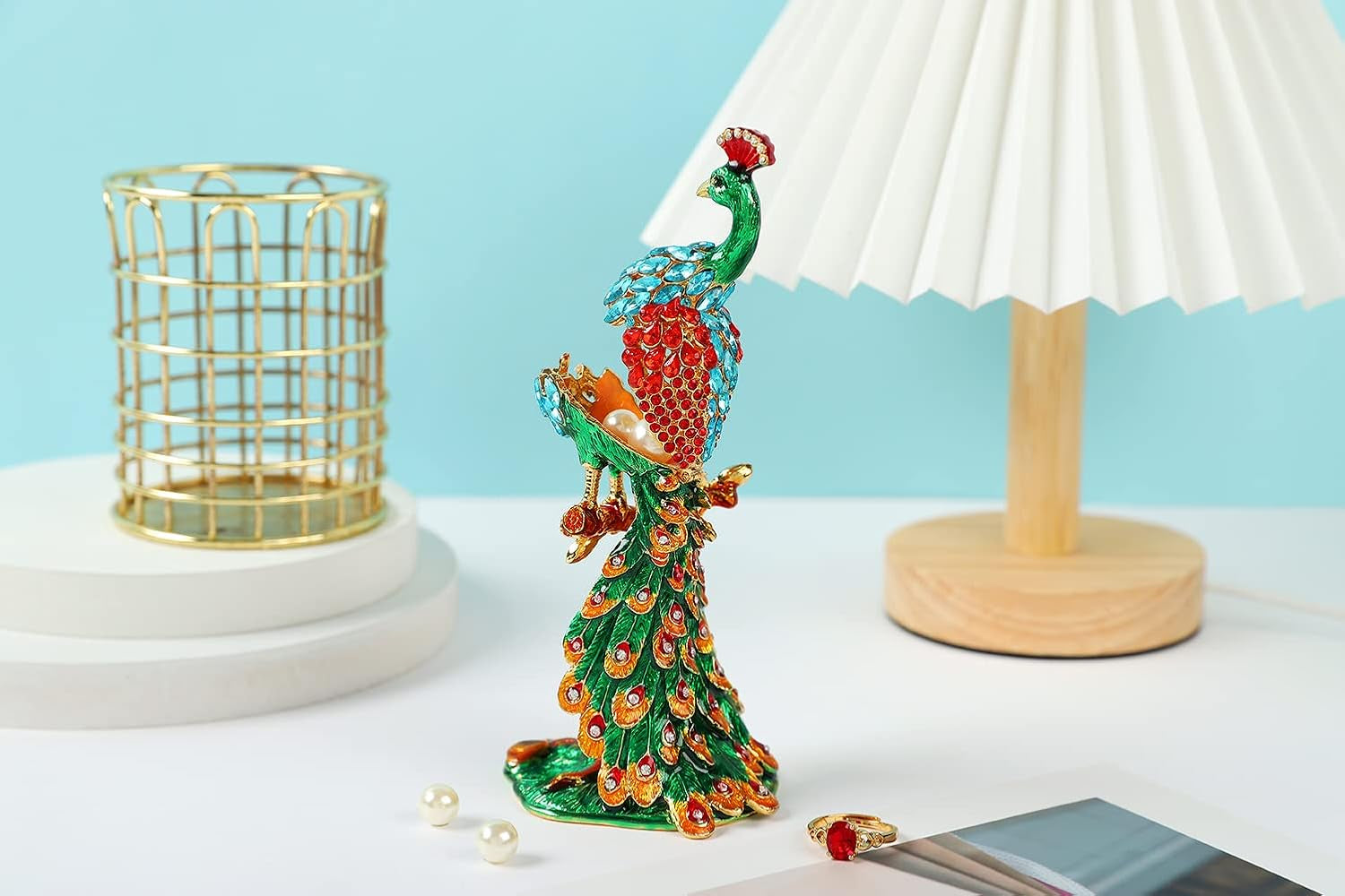 Peacock Trinket Boxes Hinged Enamel Hand-Painted Animals Craft Ornaments Decorative Jewelry Box Unique Gift for Home Decor (Green)