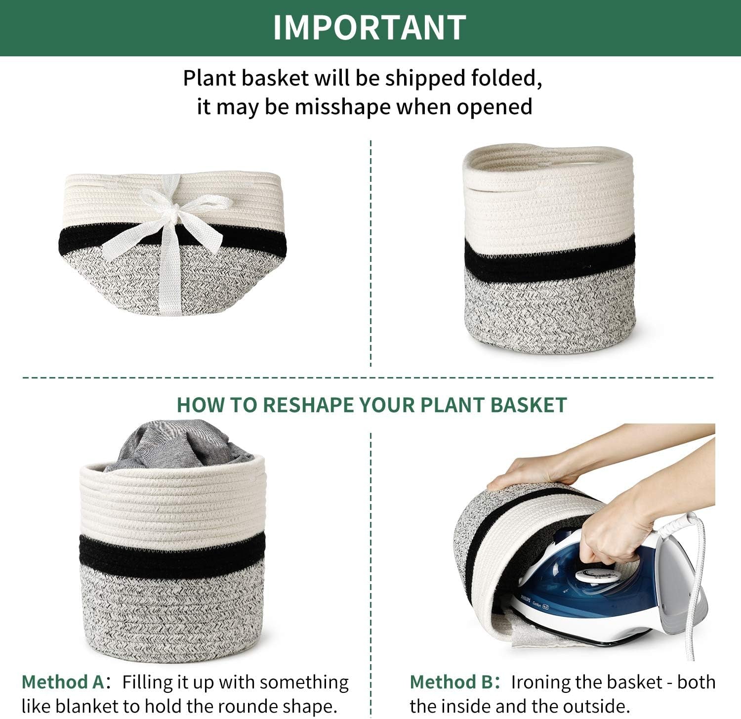 700701 Woven Cotton Rope Plant Basket for 7" Flower Pot Floor Indoor Planters, 8โ X 7.5โ Storage Basket Organizer Modern Home Decor, White Black Grey Stripes