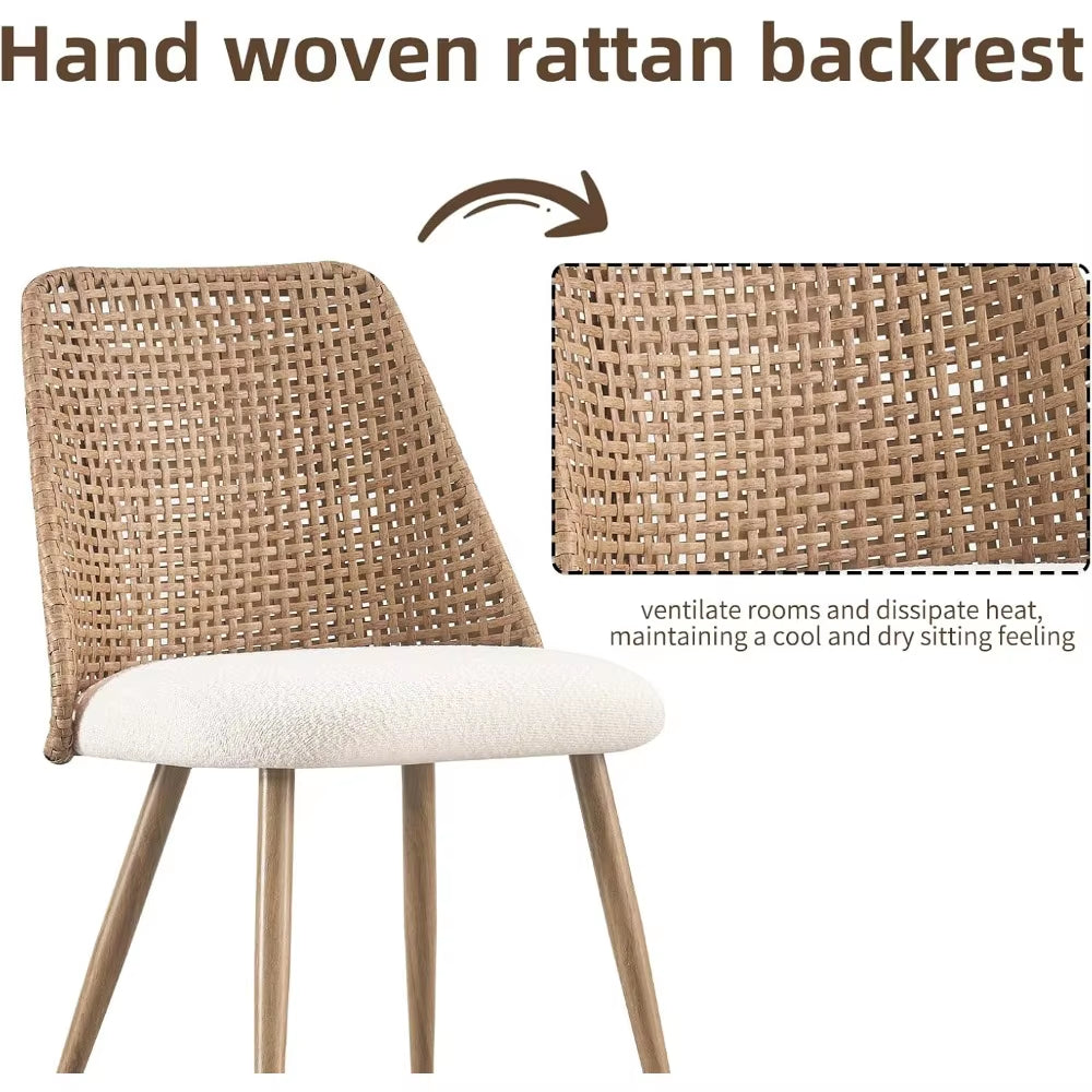 Rattan Dining Chairs Set of 4,Modern Upholstered Boucle Kitchen Room Chairs with PE Cane Back and Metal Legs for Kitchen