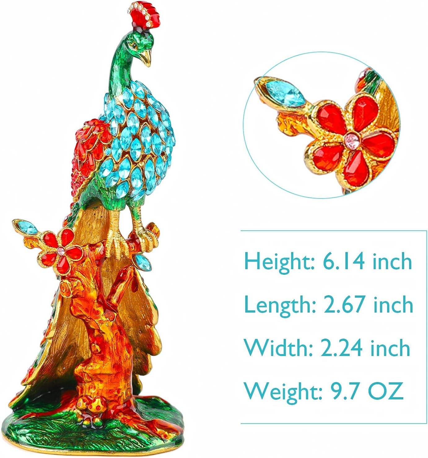 Peacock Trinket Boxes Hinged Enamel Hand-Painted Animals Craft Ornaments Decorative Jewelry Box Unique Gift for Home Decor (Green)