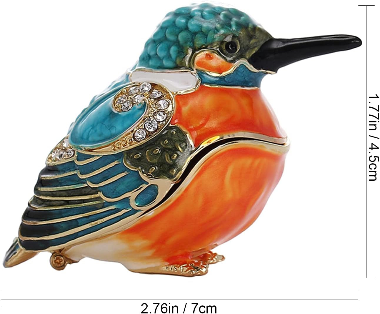 Hand Painted Enamel Bird Trinket Box for Home Decor, Hinged Jewelry Organizer for Ring Earrings, Unique Figurine Keepsake Collectible Personalized Elegant Handmade Ornament (Kingfisher)