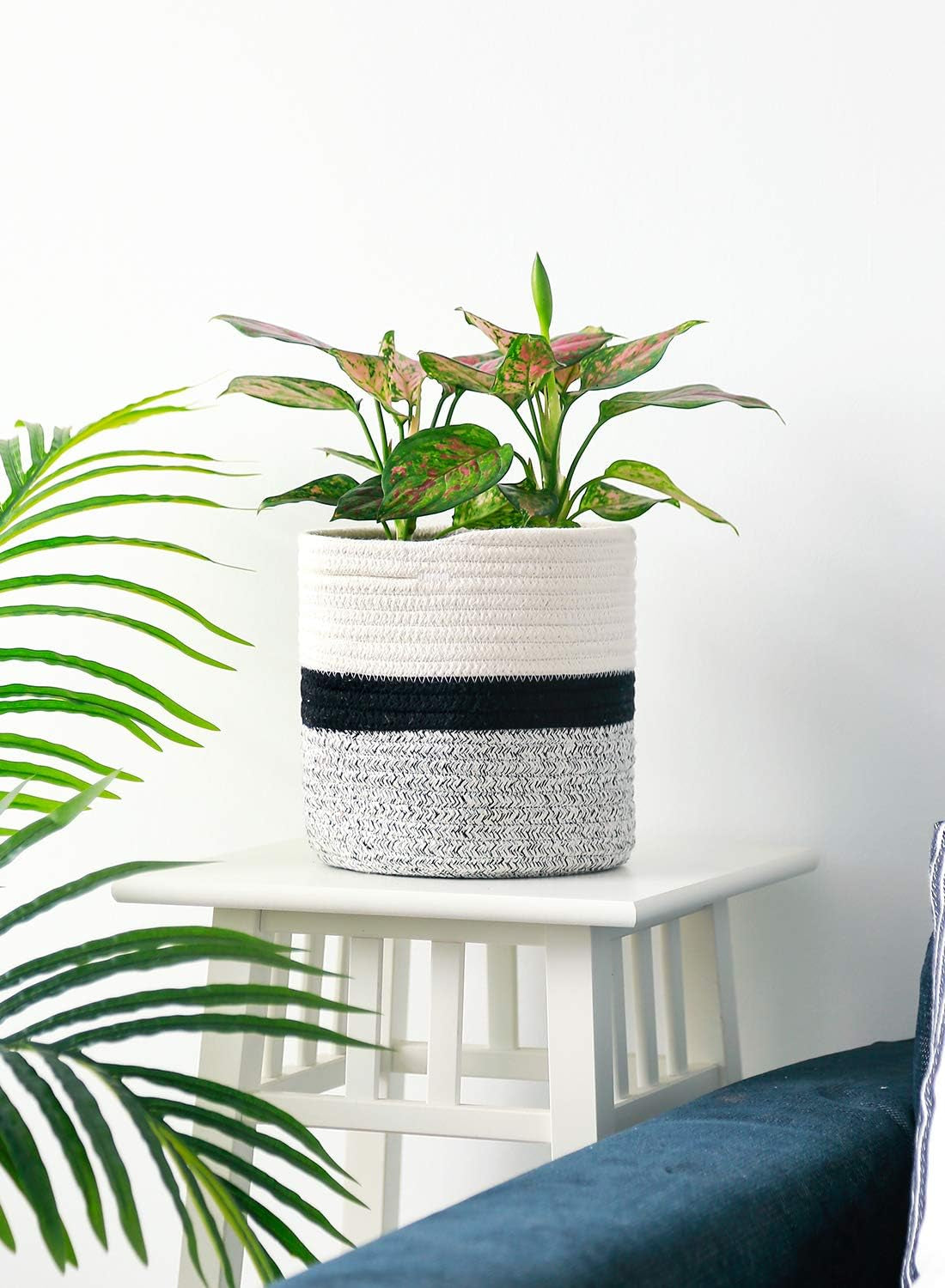 700701 Woven Cotton Rope Plant Basket for 7" Flower Pot Floor Indoor Planters, 8โ X 7.5โ Storage Basket Organizer Modern Home Decor, White Black Grey Stripes