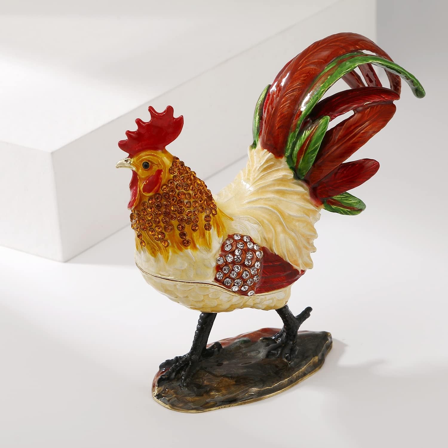 Hand Painted Animal Trinket Box for Home Decor, Hinged Enamel Jewelry Organizer Storage for Ring Earrings, Unique Figurine Keepsake Collectible Personalized Elegant Ornaments (Rooster)
