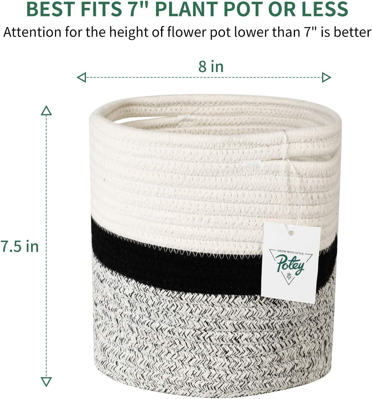 700701 Woven Cotton Rope Plant Basket for 7" Flower Pot Floor Indoor Planters, 8โ X 7.5โ Storage Basket Organizer Modern Home Decor, White Black Grey Stripes