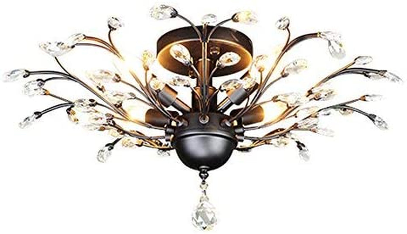 -Light 24.5" Dia 4-Light Vintage Crystal Branch Close to Ceiling Light Fixture Black Chandelier Flush Mount,E12,160W,For Bedroom,Kitchen,Living Room;