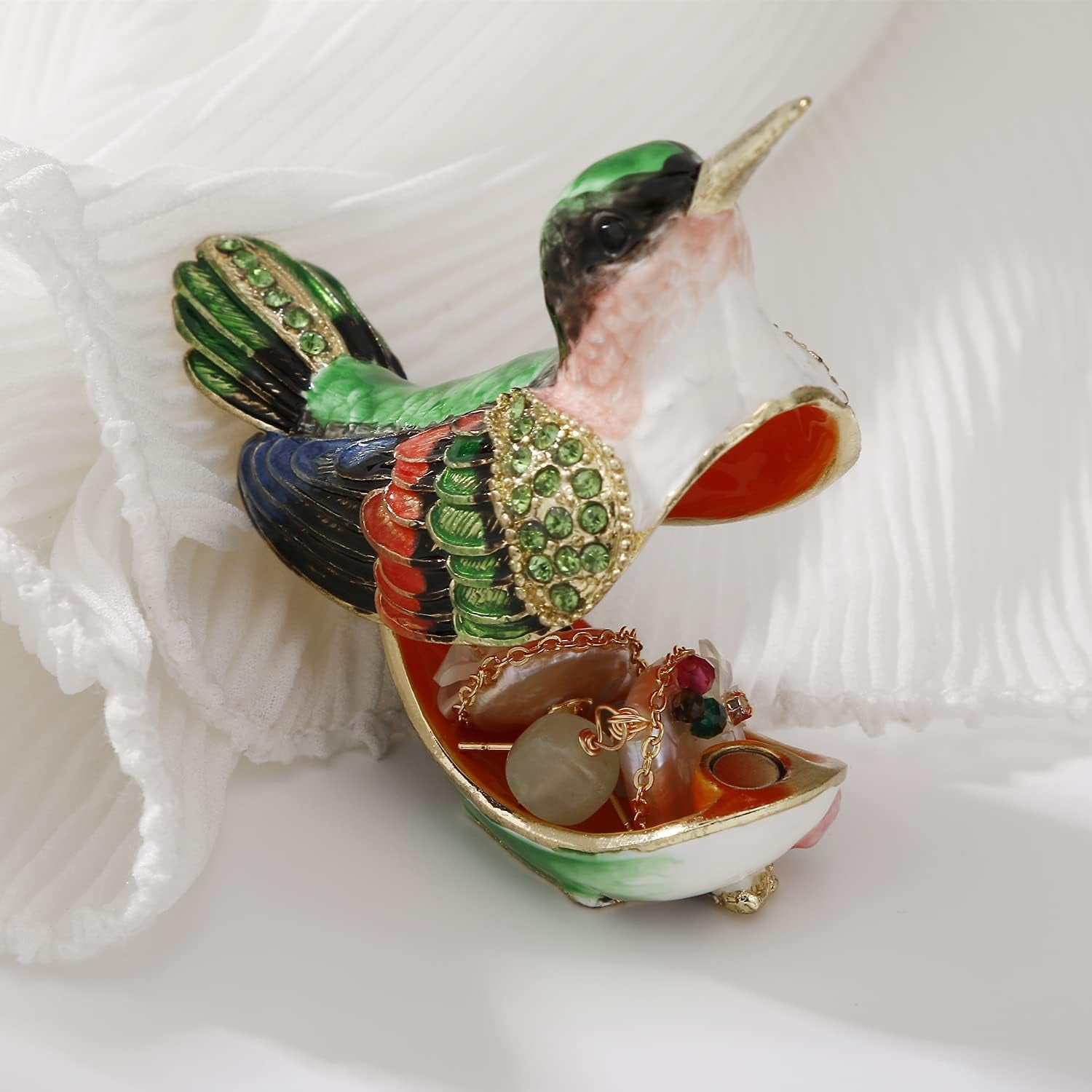 Hand Painted Enamel Bird Trinket Box for Home Decor, Hinged Jewelry Organizer for Ring Earrings, Unique Figurine Keepsake Collectible Personalized Elegant Handmade Ornament (Hummingbird-2)