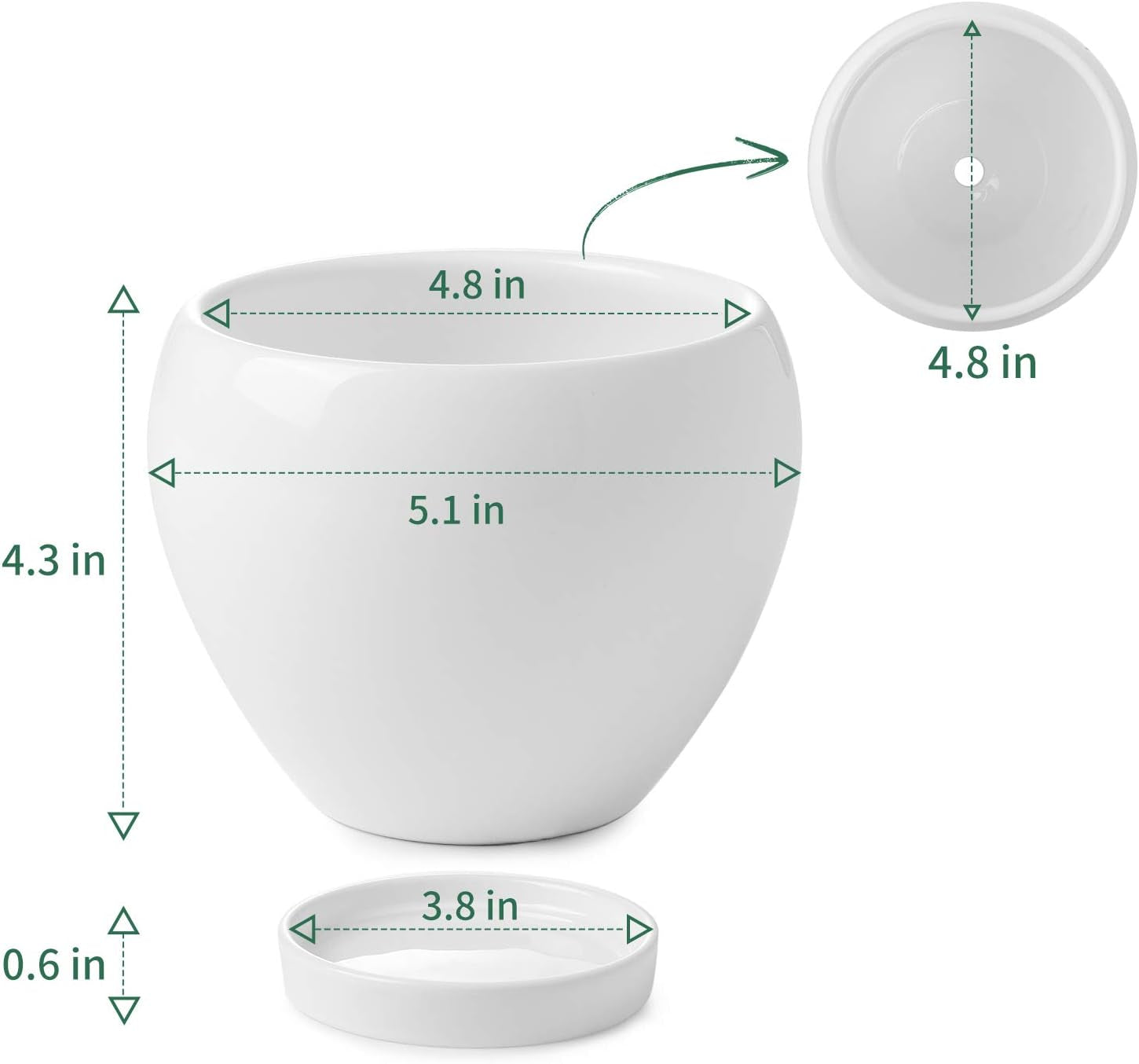 050601 Ceramic Plant Pot Planter - 4.8 Inch White Planters for Indoor Plants Flower Succulent with Drainage Hole Saucer