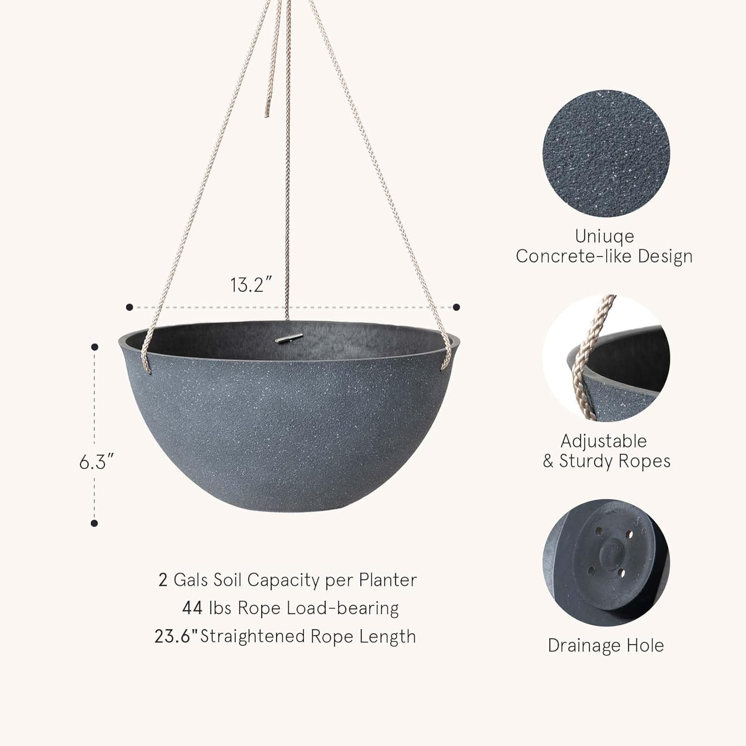 Large Hanging Planters for Outdoor Plants - Hanging Flower Pots Weathered Gray (13.2 Inch, Set of 2)
