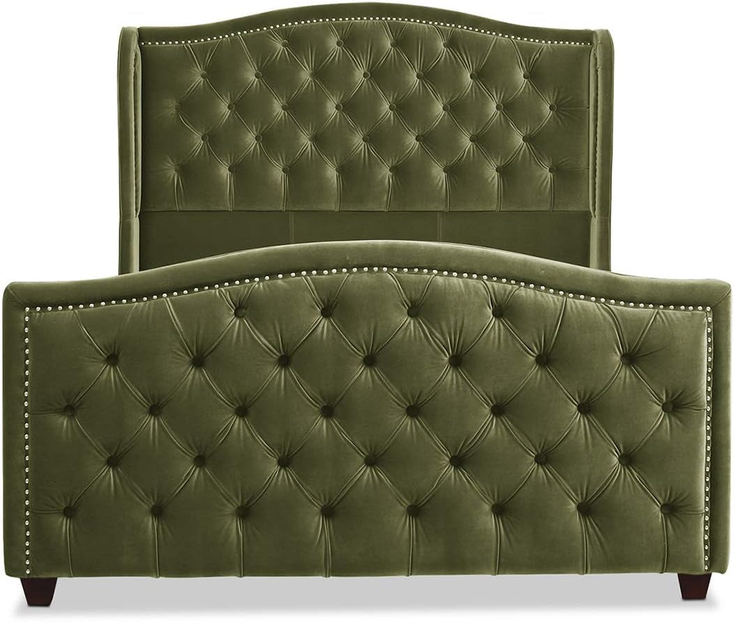 Marcella Upholstered Shelter Headboard Bed Set, Queen, Olive Green Performance Velvet