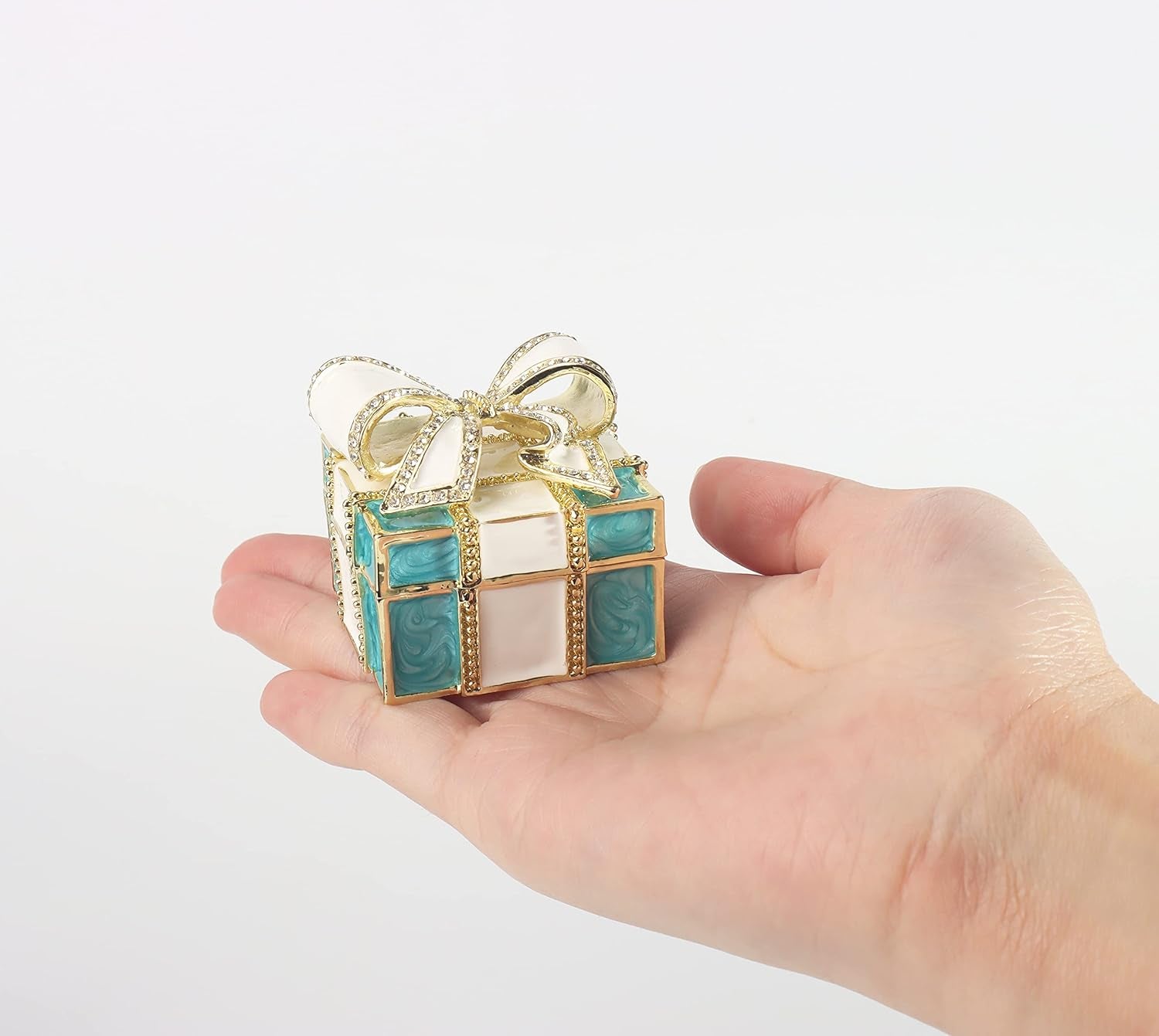 Mini Enamel Rhinestones Bow-Knot Jewelry Box Bow-Knot Hinged Trinket Box Bow Bling Trinket Box Miniature Figurine Ring Box for Women Girls Wedding Birthday Gift Christmas (Blue)