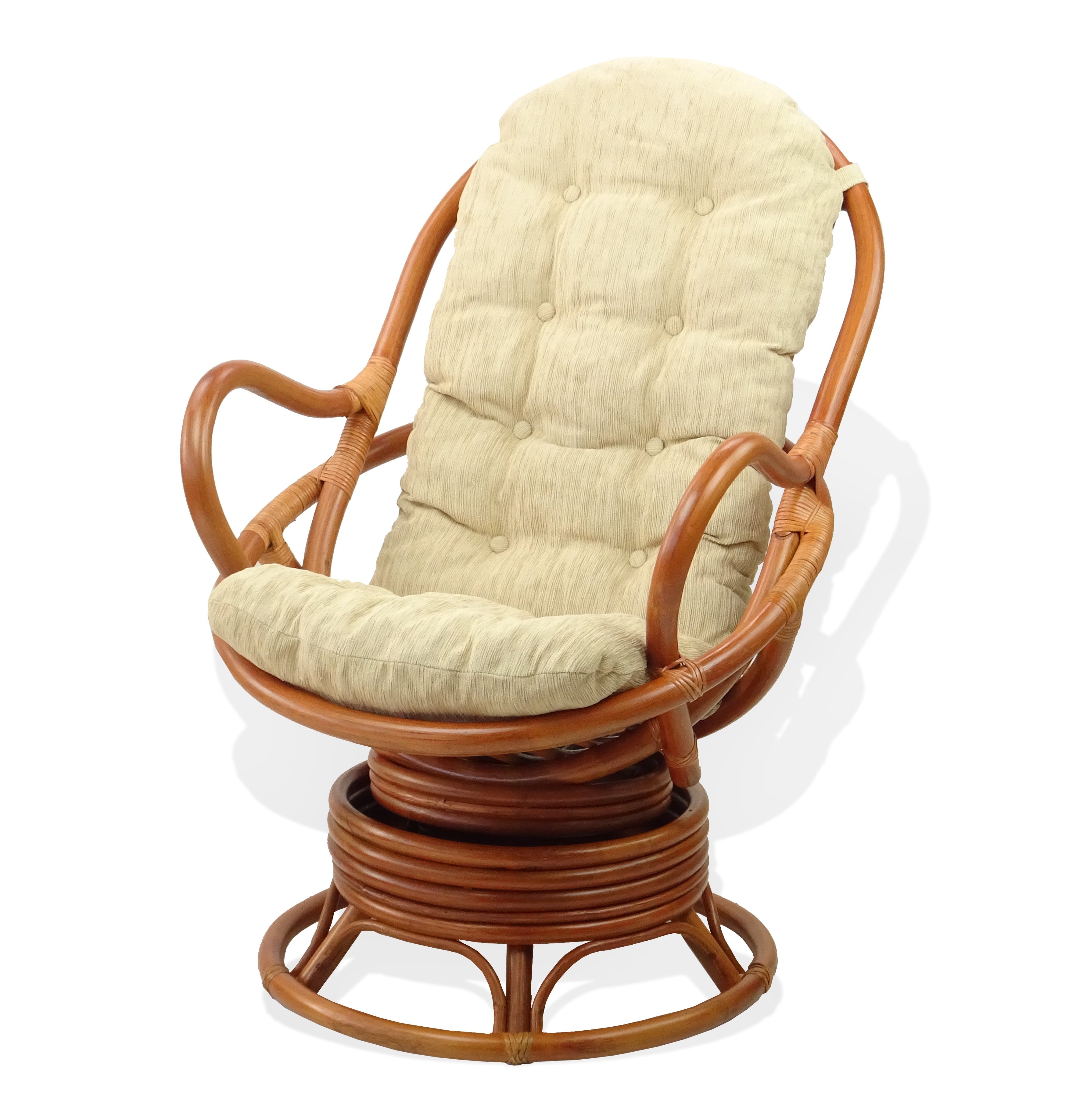 Java Swivel Rocking Lounge Chair Natural Handmade Rattan Wicker with Cream Cushions, Colonial