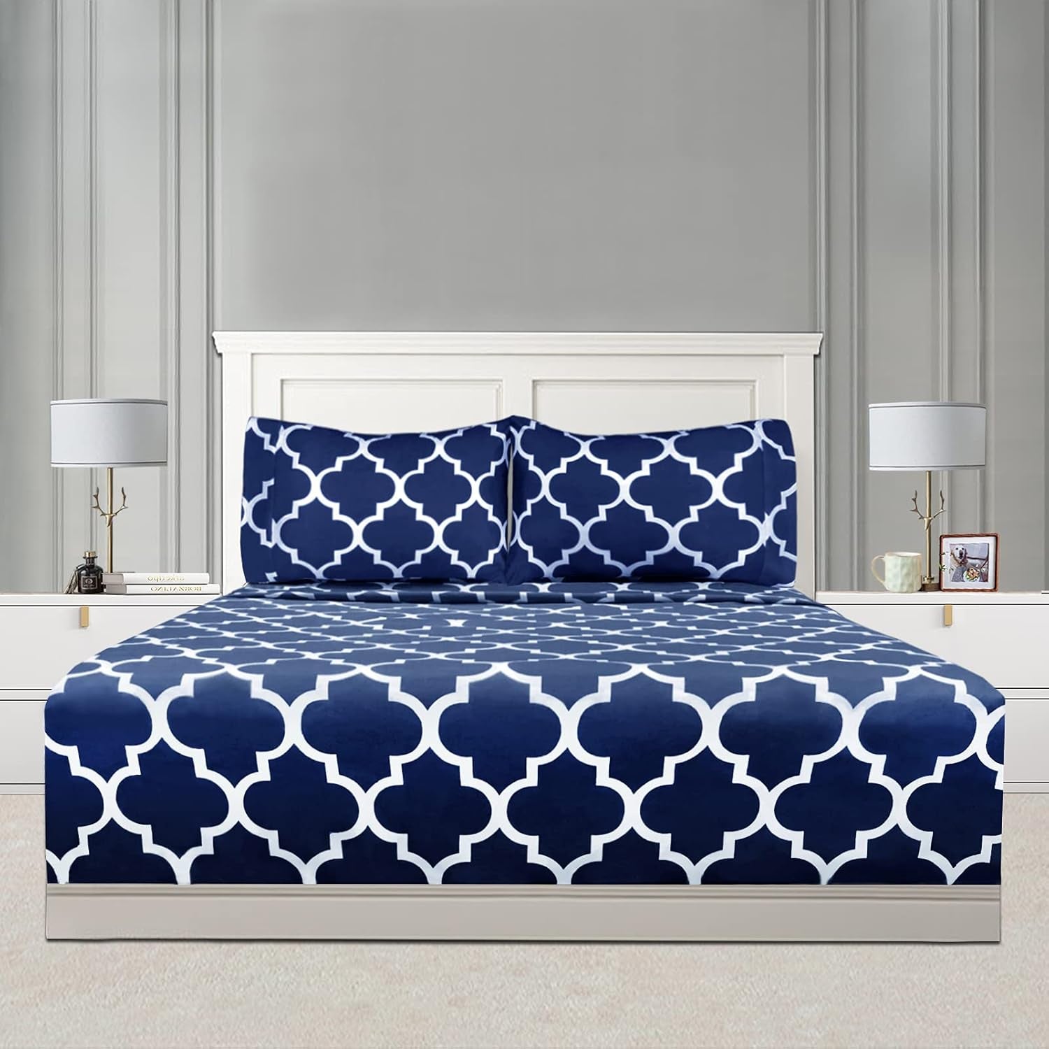 Full Bed Sheet Set - Super Soft Brushed Microfiber 1800 Thread Count Full Sheets with 16 Inch Deep Pocket - Wrinkle Free - 4 Piece(Navy Quatrefoil with White Pattern)