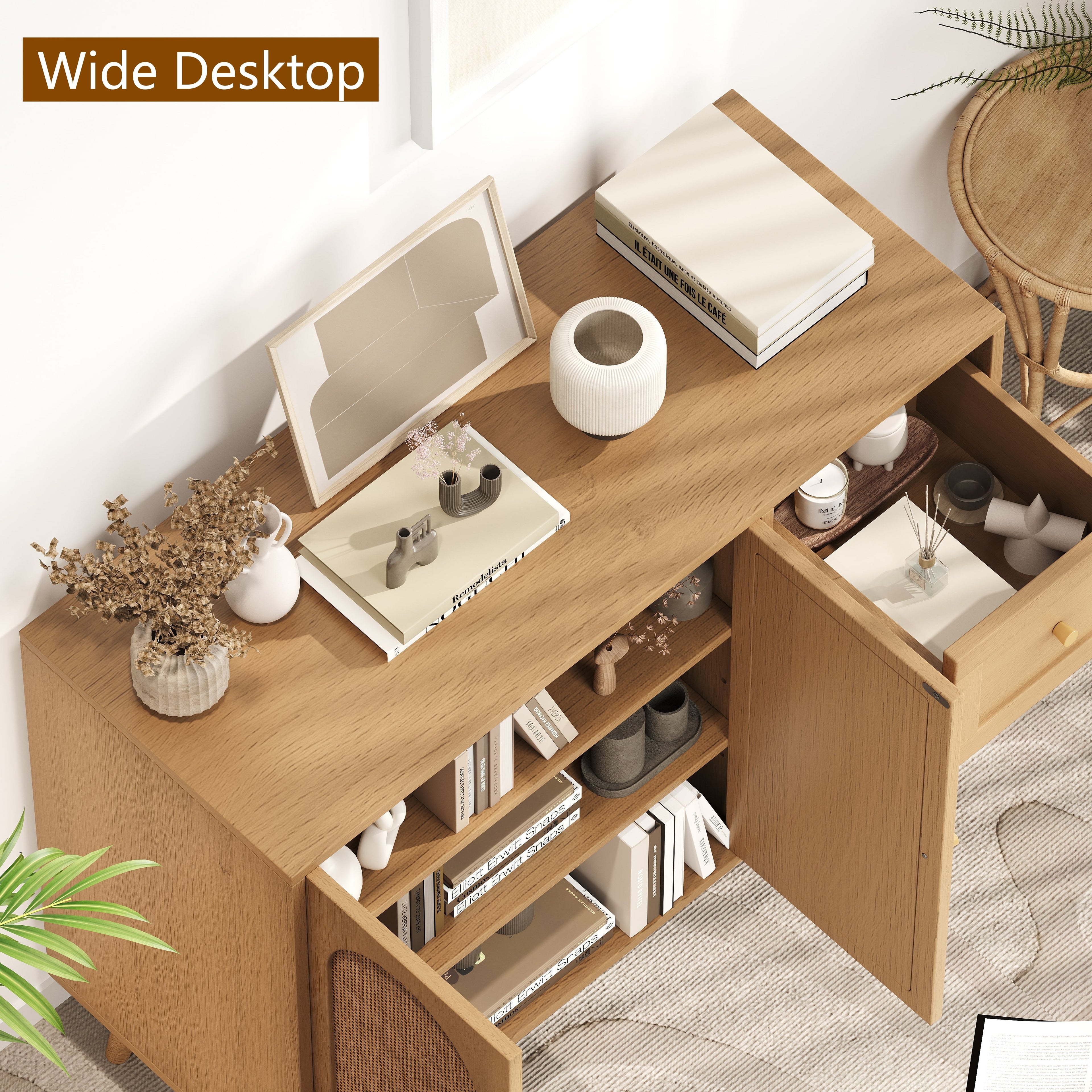 Rattan Storage Cabinet, Floor Cabinet with 2 Rattan Decorated Doors & Adjustable Shelves, Buffet Cabinet with 3 Drawers, Entryway Cabinet for Living Room, Dining Room,Hallway, Natural KBG005M