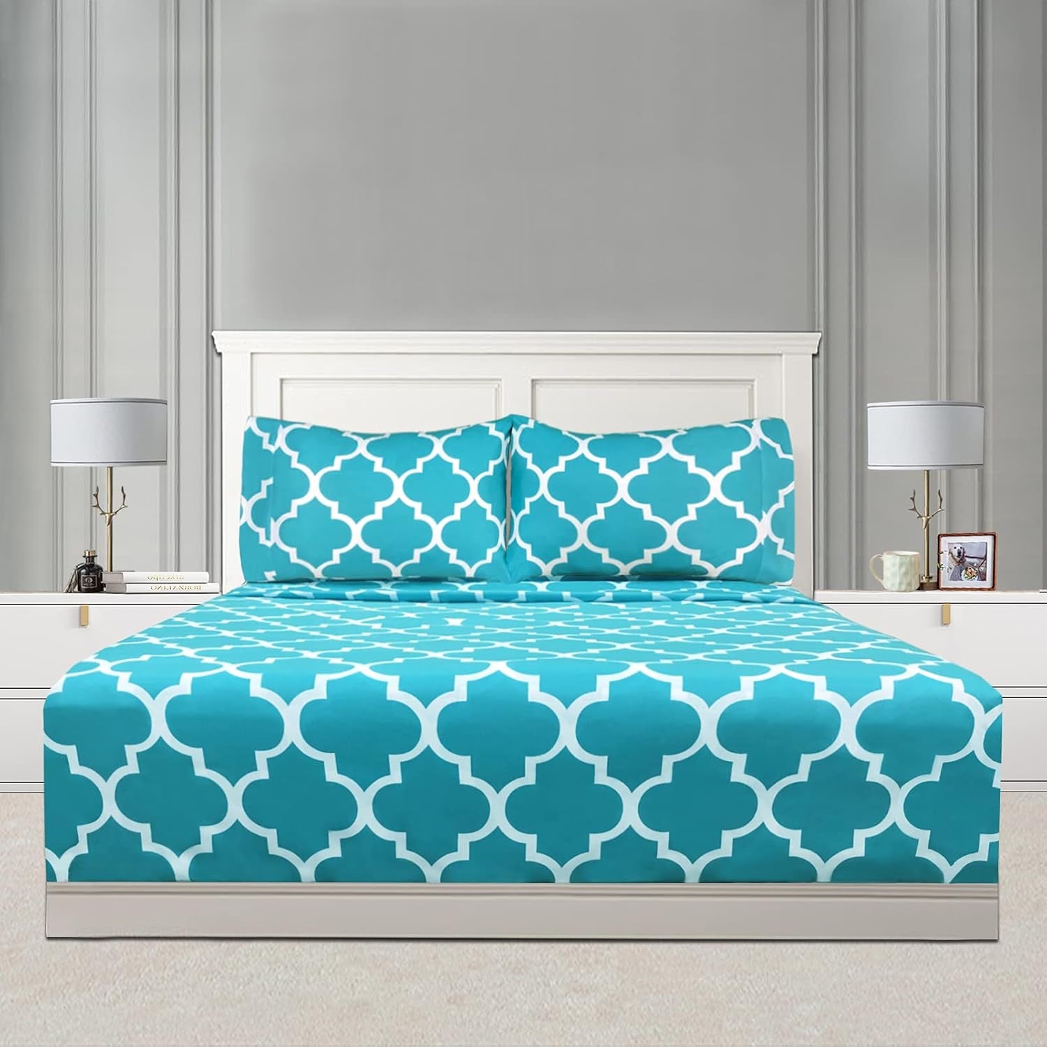 Full Bed Sheet Set - Super Soft Brushed Microfiber 1800 Thread Count Sheets with 16 Inch Deep Pocket - Wrinkle Free - 4 Piece(Full, Aqua Quatrefoil with White Pattern)