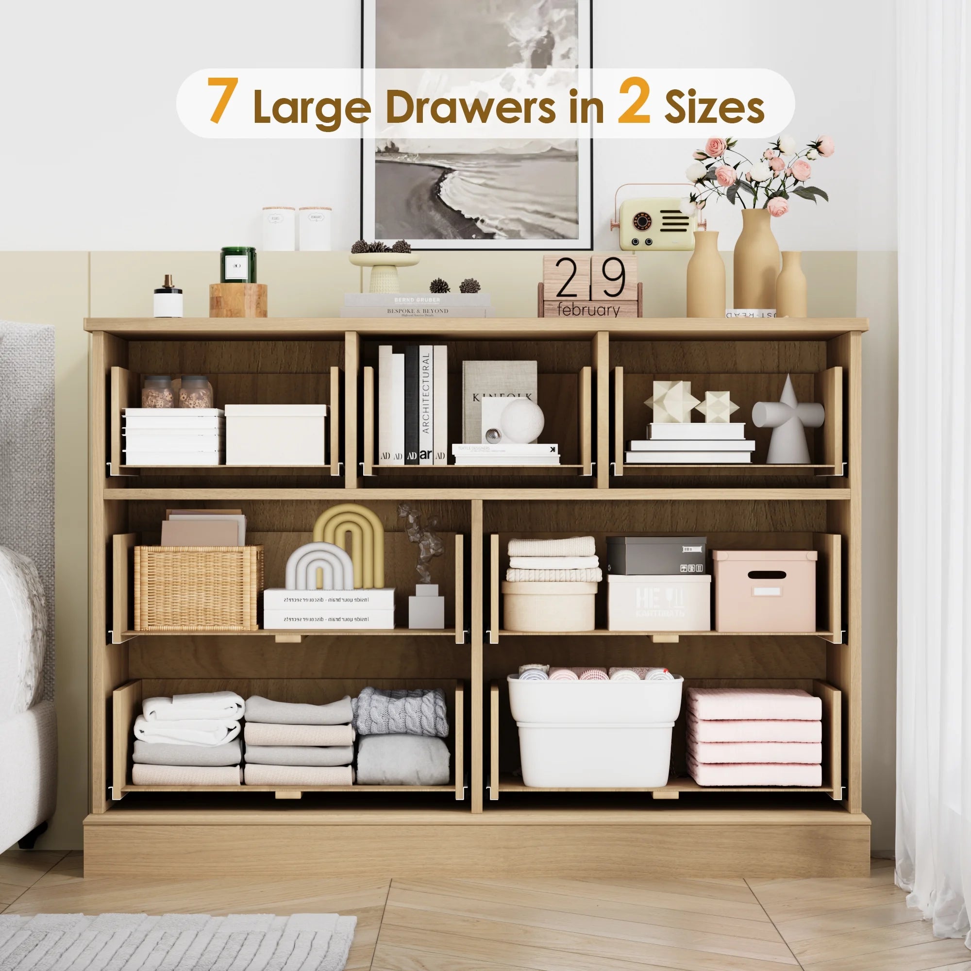 Rattan Dresser, 7 Drawer Combo Double Dresser, Modern Wicker Chest for Bedroom, Burlywood