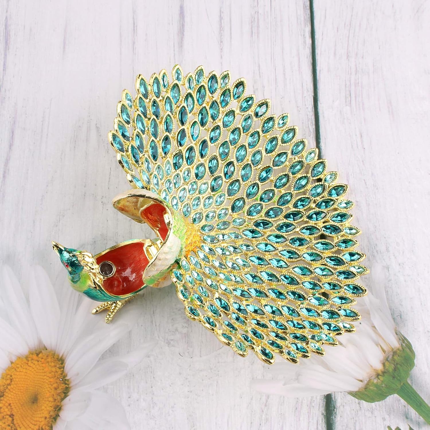 Peacock Jewelry Trinket Box Figurine Enamel Hinged Hand Painted Keepsake Decoration (Green)