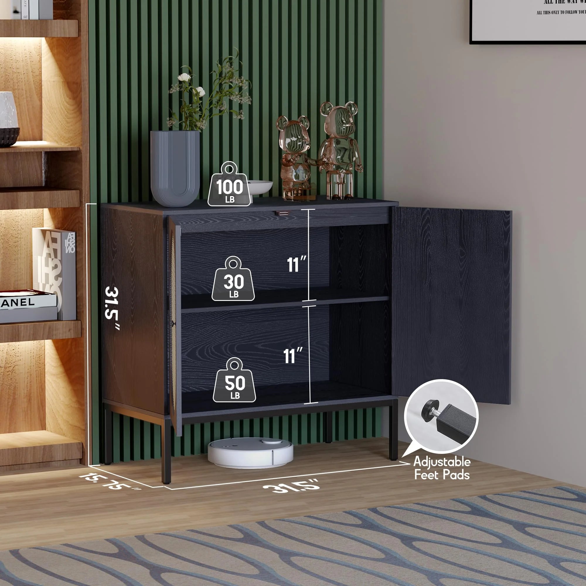 " Rattan 63"" 4-Door Storage Cabinet, Accent Console Table, Dining Room, Living Room, Kitchen, Oak Color"