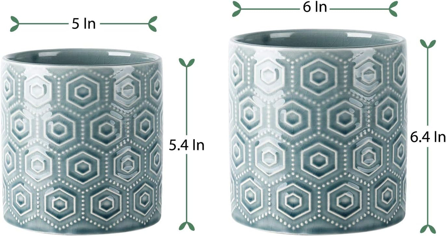 Ceramic Flower Pots - 6 Inch + 5 Inch Planters with Drainage Holes for Succulent Herb Indoor Decoration - Blue, Set of 2