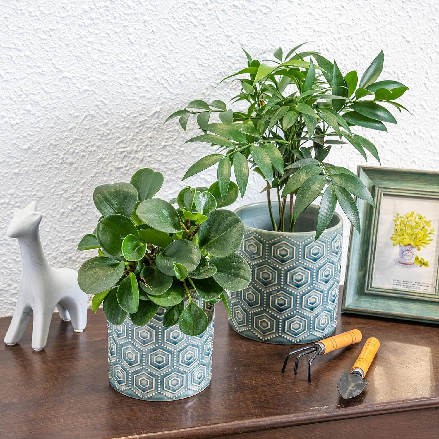 Ceramic Flower Pots - 6 Inch + 5 Inch Planters with Drainage Holes for Succulent Herb Indoor Decoration - Blue, Set of 2