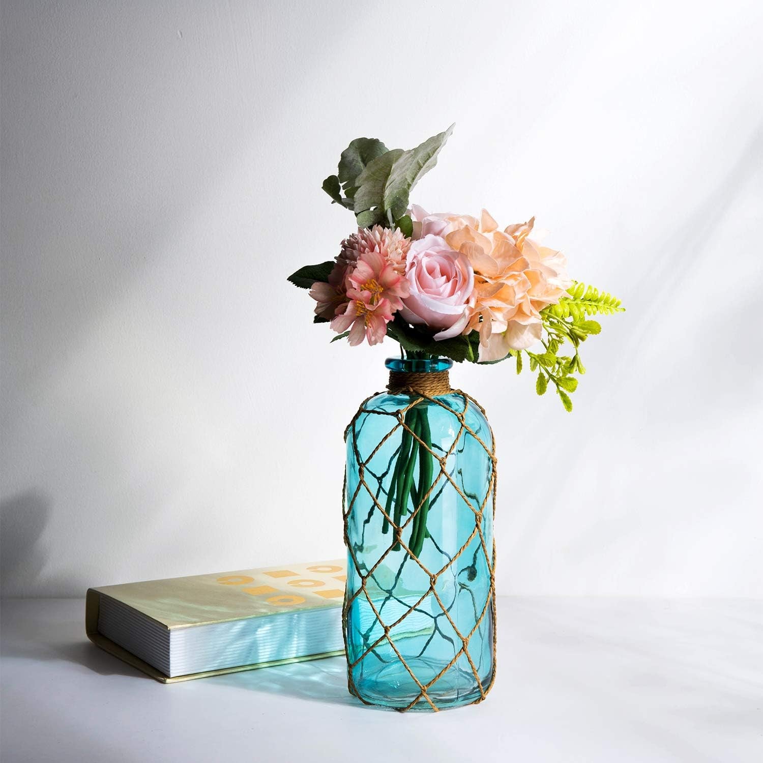 Rustic Glass Bottle Vase Decorative Blue Flower Vase with Creative Rope Net (Large)