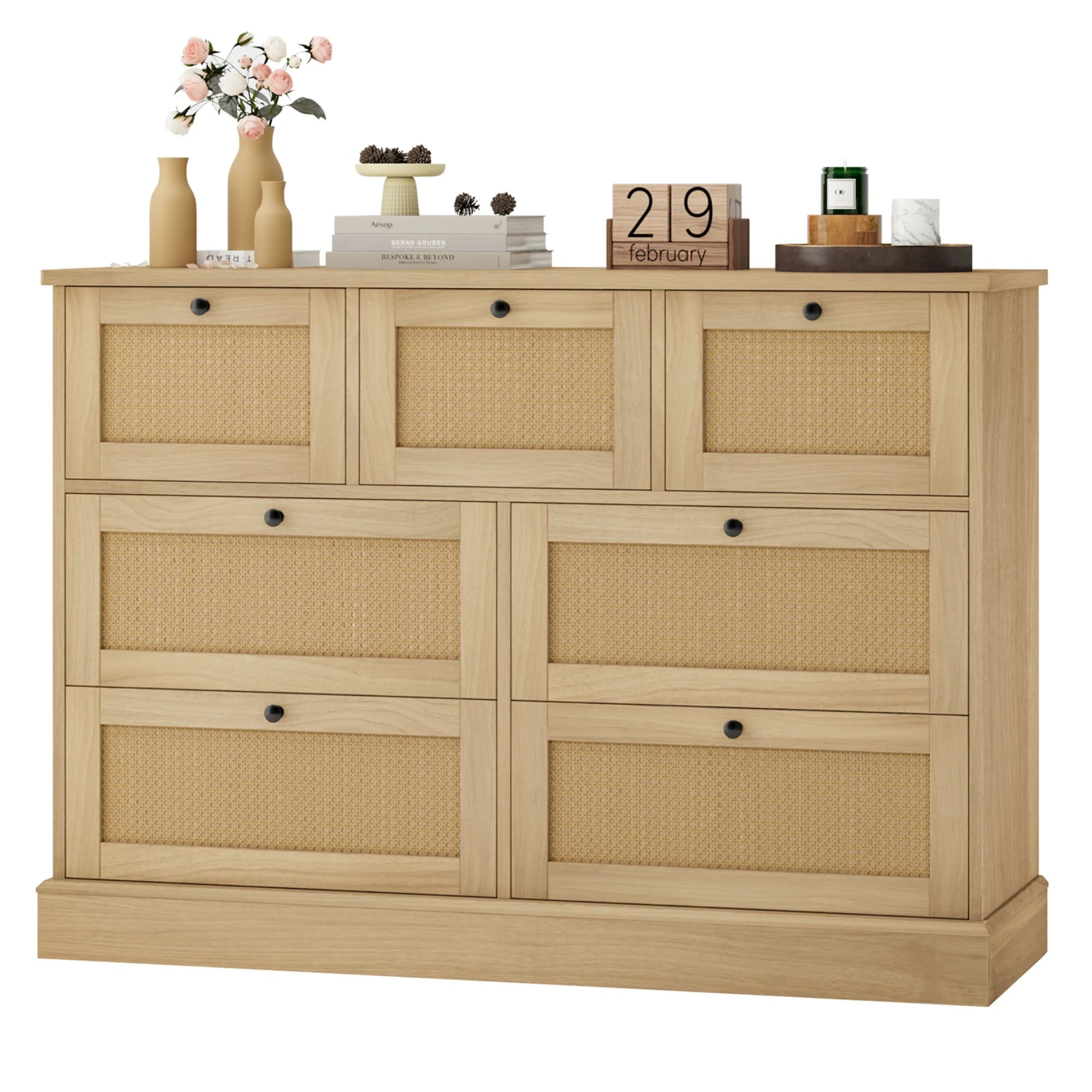 Rattan Dresser, 7 Drawer Combo Double Dresser, Modern Wicker Chest for Bedroom, Burlywood