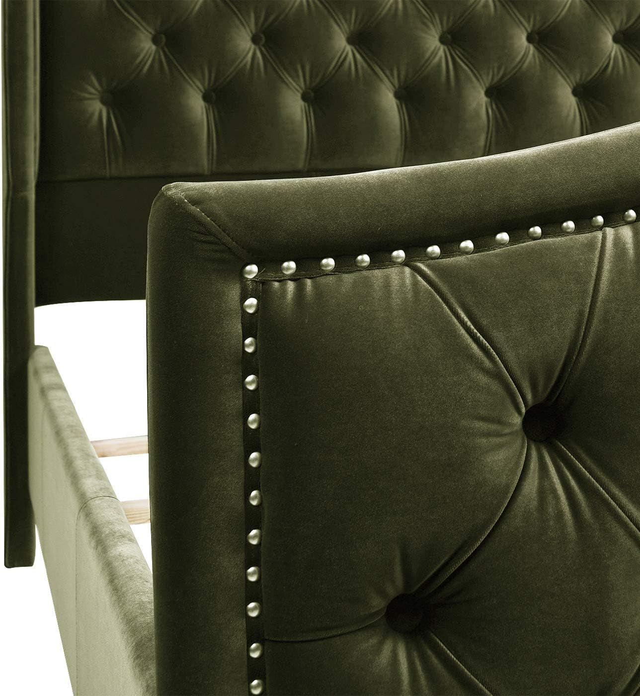 Marcella Upholstered Shelter Headboard Bed Set, Queen, Olive Green Performance Velvet