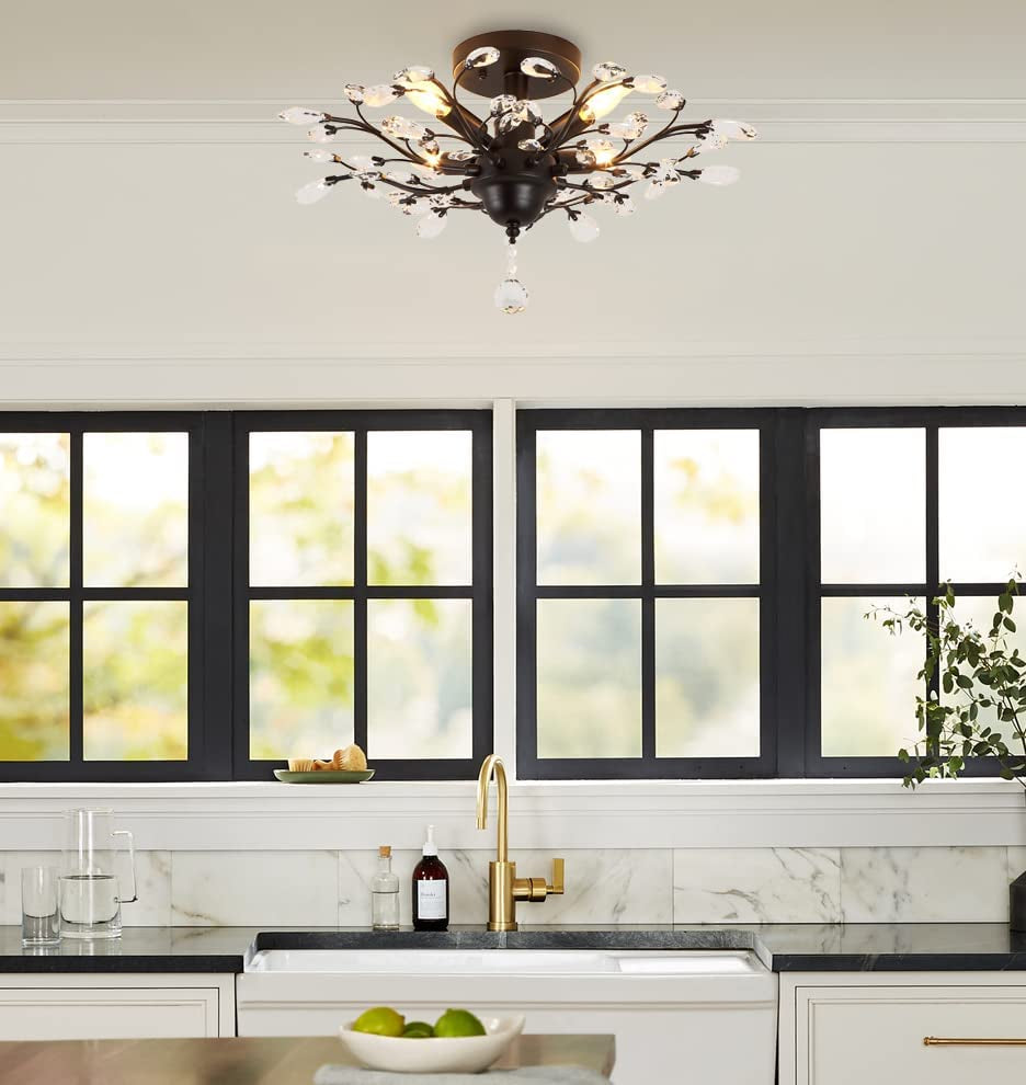 -Light 24.5" Dia 4-Light Vintage Crystal Branch Close to Ceiling Light Fixture Black Chandelier Flush Mount,E12,160W,For Bedroom,Kitchen,Living Room;