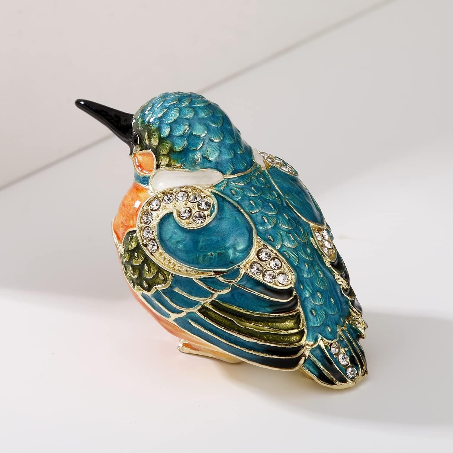 Hand Painted Enamel Bird Trinket Box for Home Decor, Hinged Jewelry Organizer for Ring Earrings, Unique Figurine Keepsake Collectible Personalized Elegant Handmade Ornament (Kingfisher)