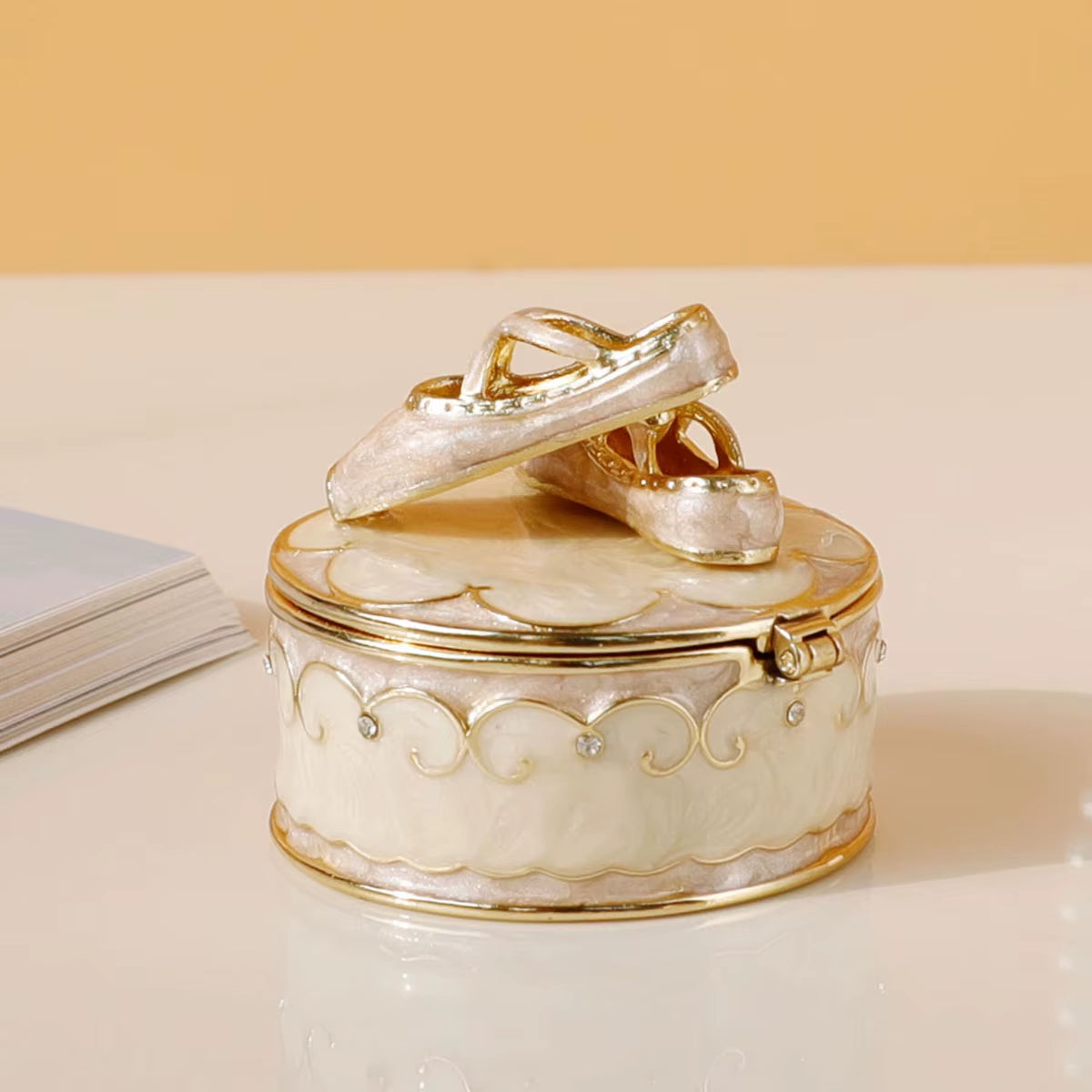 Pink Ballet Shoes Trinket Box Hinged Crystal Enameled Ornament Decorative Hand-Painted Jewelry Ring Storage Keepsake Box