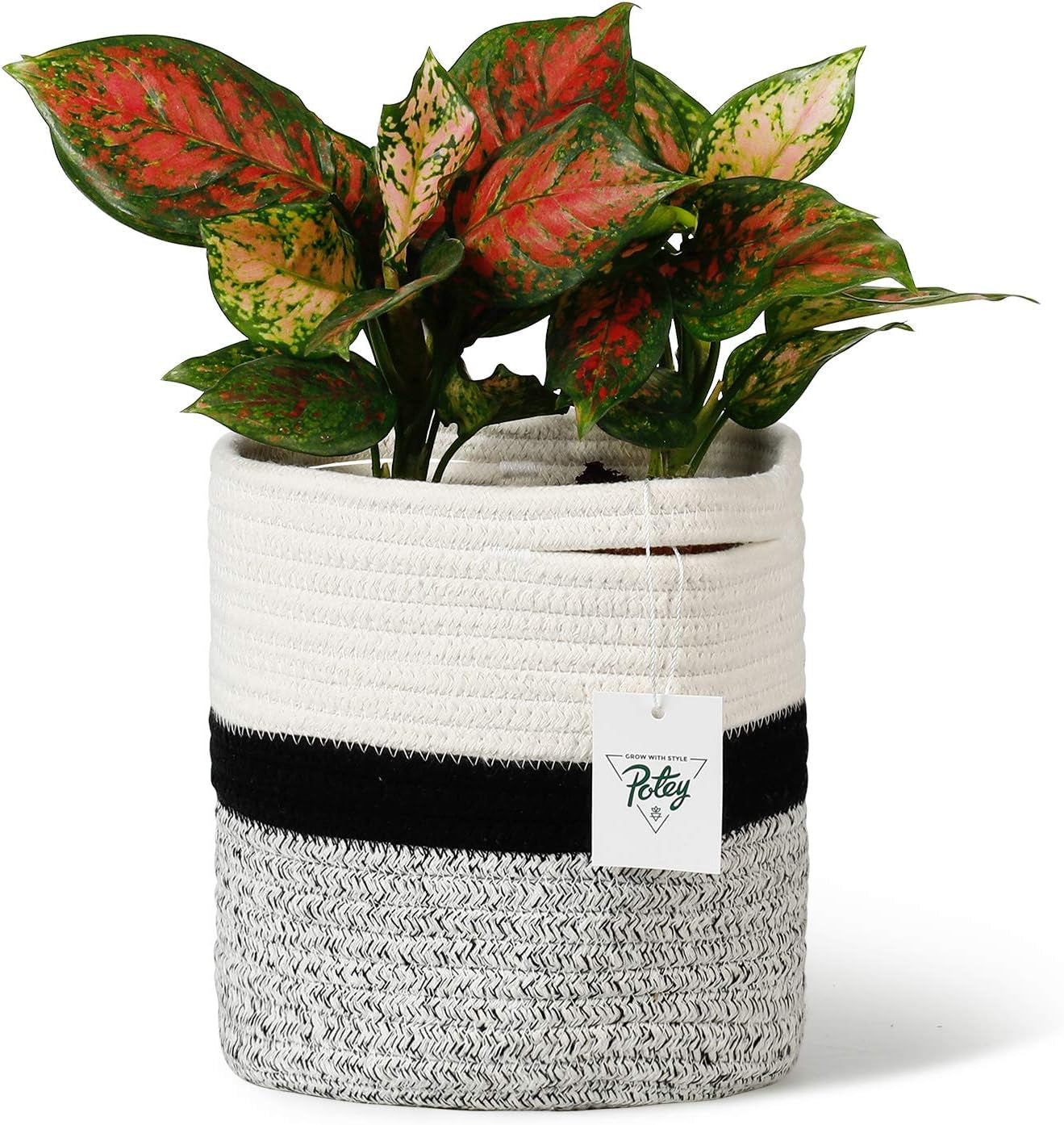 700701 Woven Cotton Rope Plant Basket for 7" Flower Pot Floor Indoor Planters, 8โ X 7.5โ Storage Basket Organizer Modern Home Decor, White Black Grey Stripes