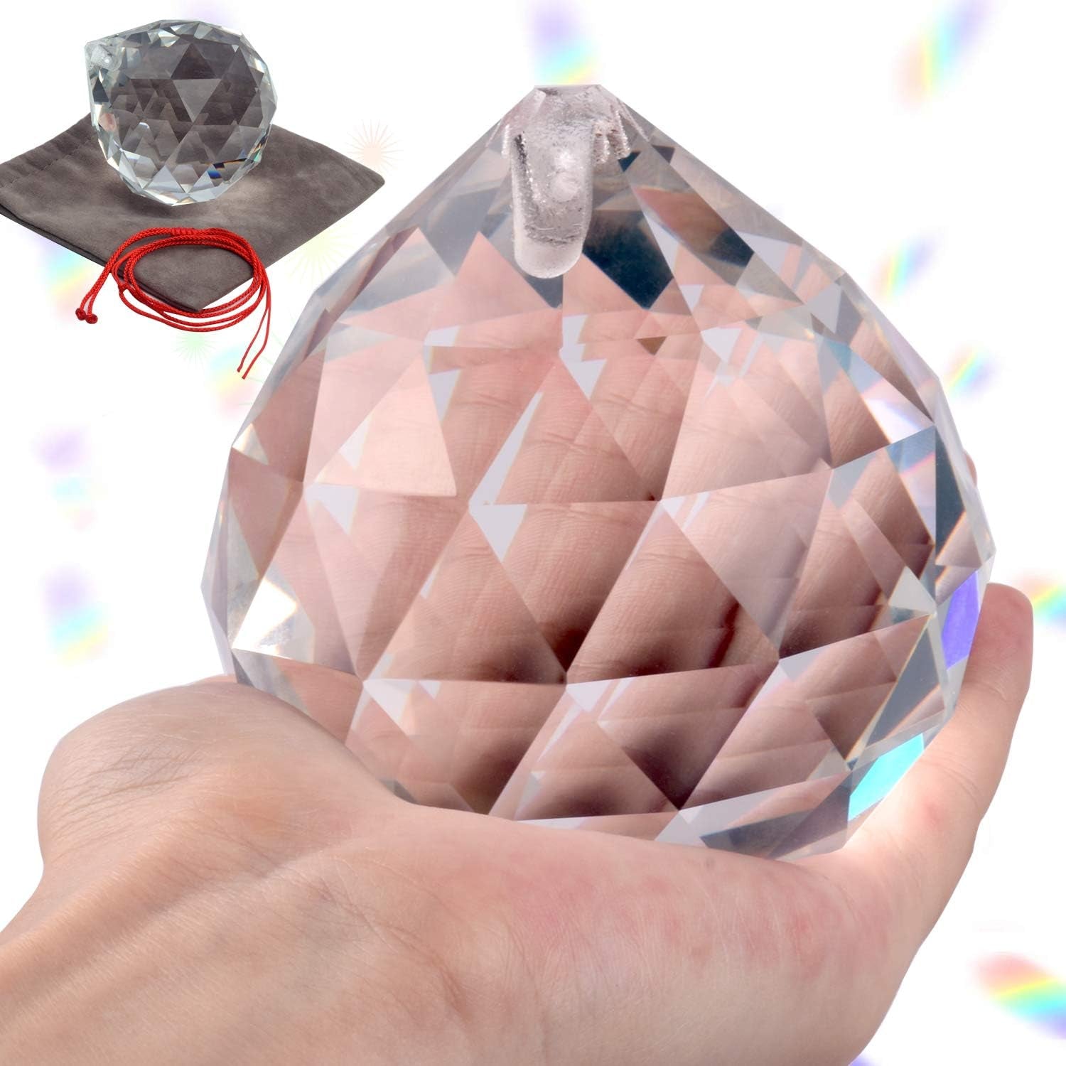 3.15Inch Hanging Large Prism Pendant,Prisms Sun Catcher Rainbow Maker Crystal Sunshinecatchers for Windows, Crystal Sunshinecatcher Pendant,Hanging Crystals with 1 Cloth Bag and 1 Lanyard