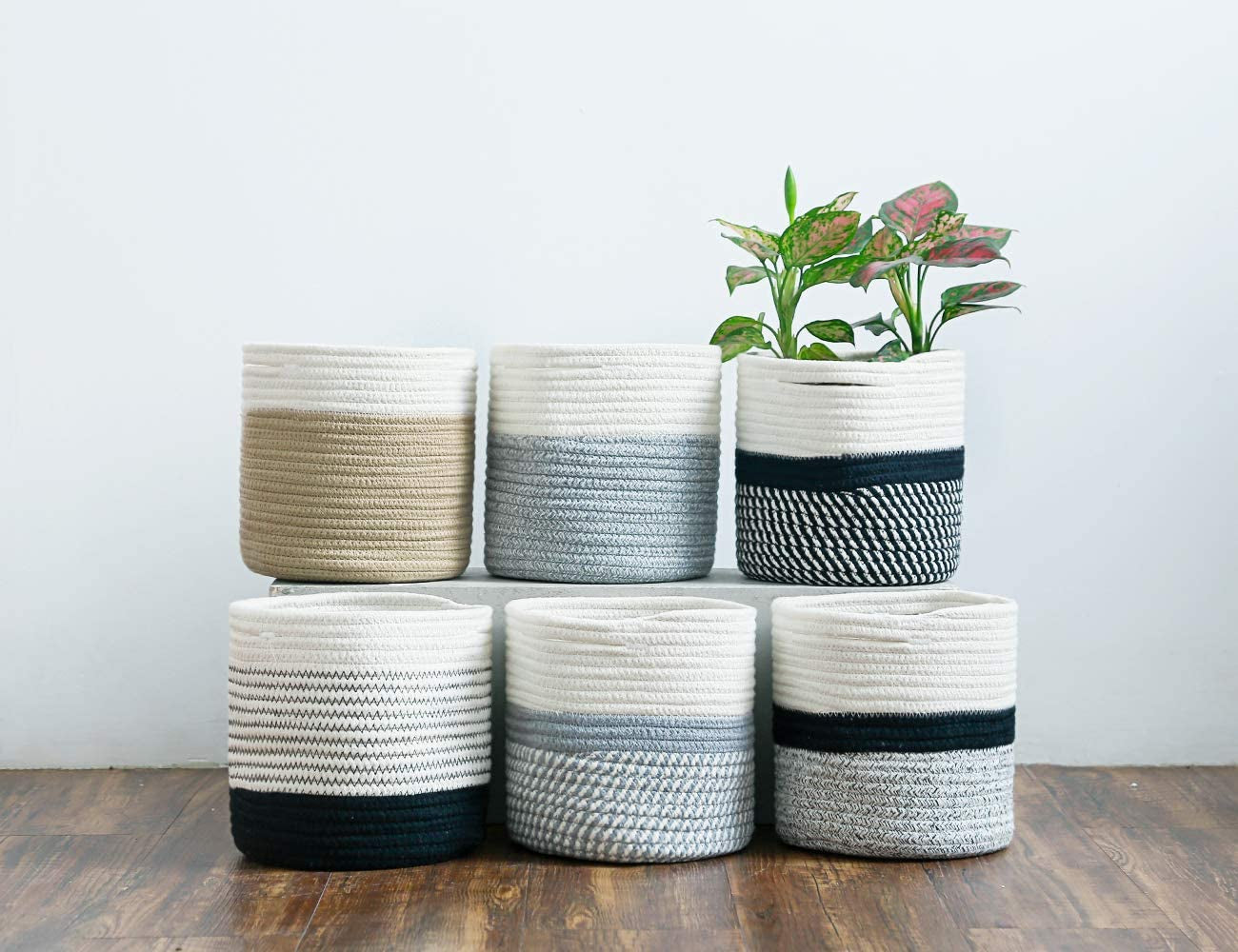 700701 Woven Cotton Rope Plant Basket for 7" Flower Pot Floor Indoor Planters, 8โ X 7.5โ Storage Basket Organizer Modern Home Decor, White Black Grey Stripes
