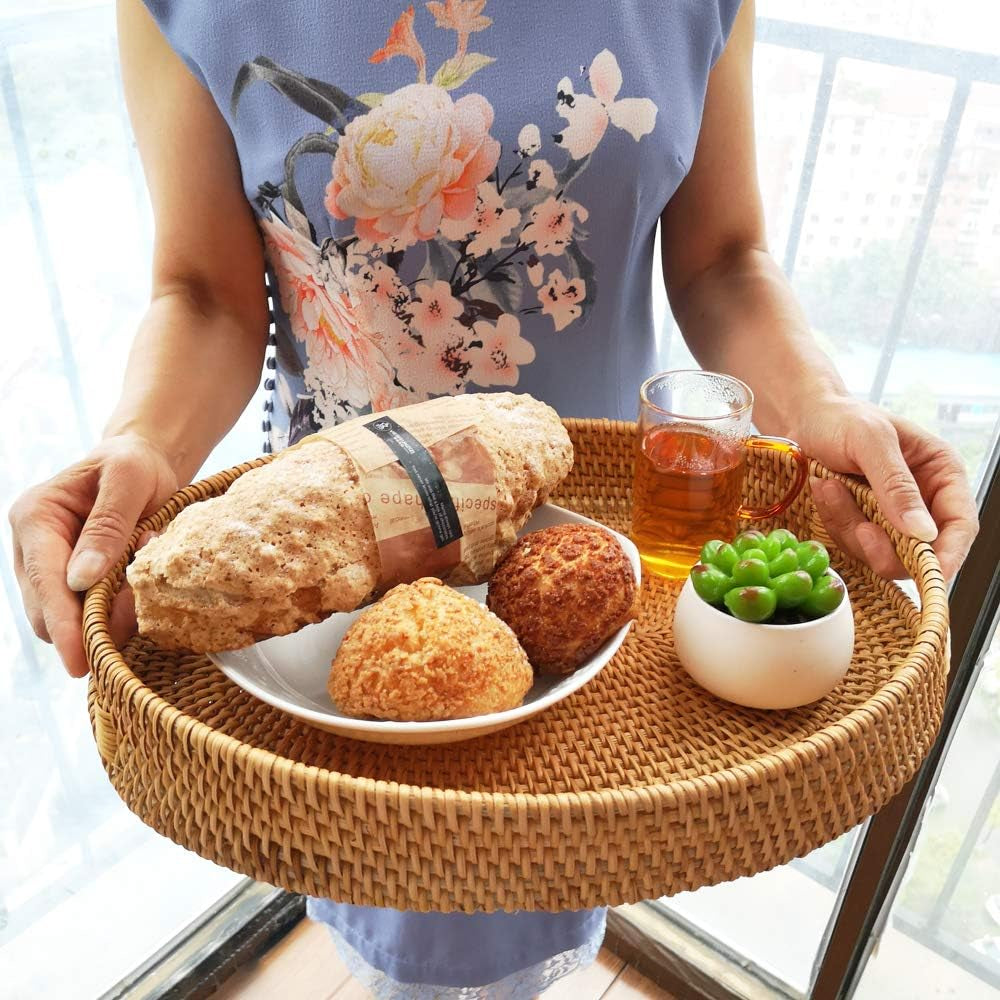Oval Rattan X-Large Breakfast Severing Tray-17 Wicker Woven Food Storage Platters for Fruit,Bread, Drinks,Snacks|Coffee Table Serving Basket Ottoman Tray with Handles and 2.4" Wall(Xxl-43Cm)