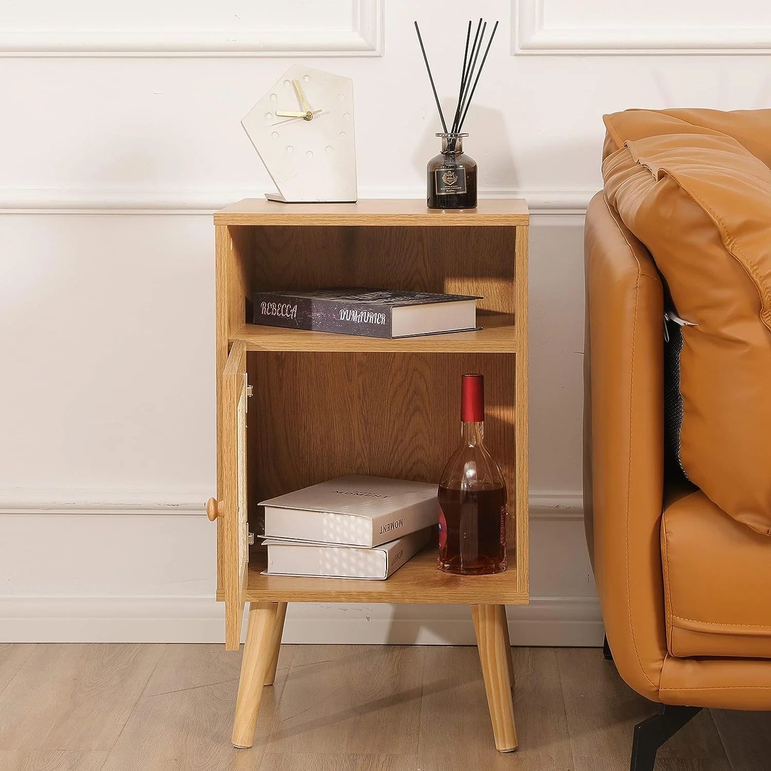 2Pcs Rattan Nightstand Set, Boho Side Table with Handmade Rattan Decorated Drawer, Natural