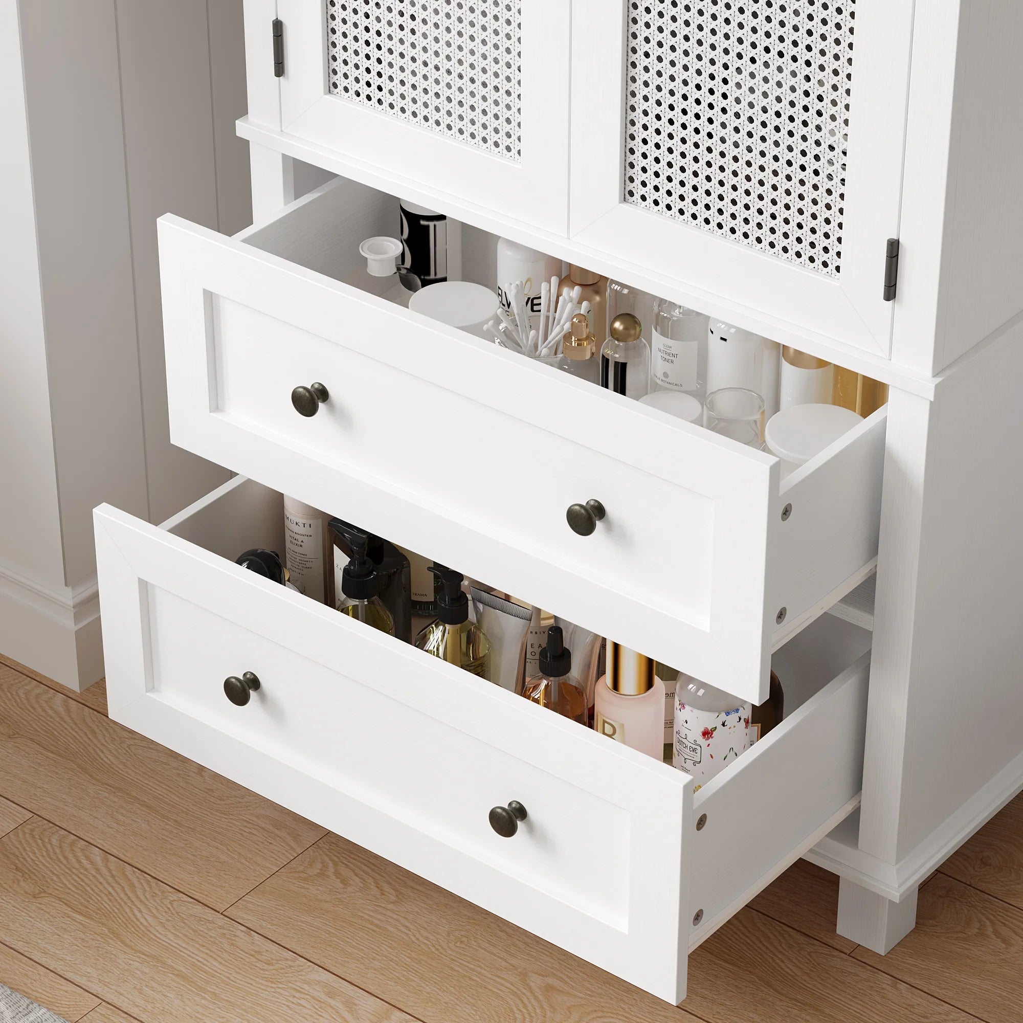 Bathroom Cabinet with Rattan Doors, Rattan Linen Storage Cabinet with 2 Drawers, White