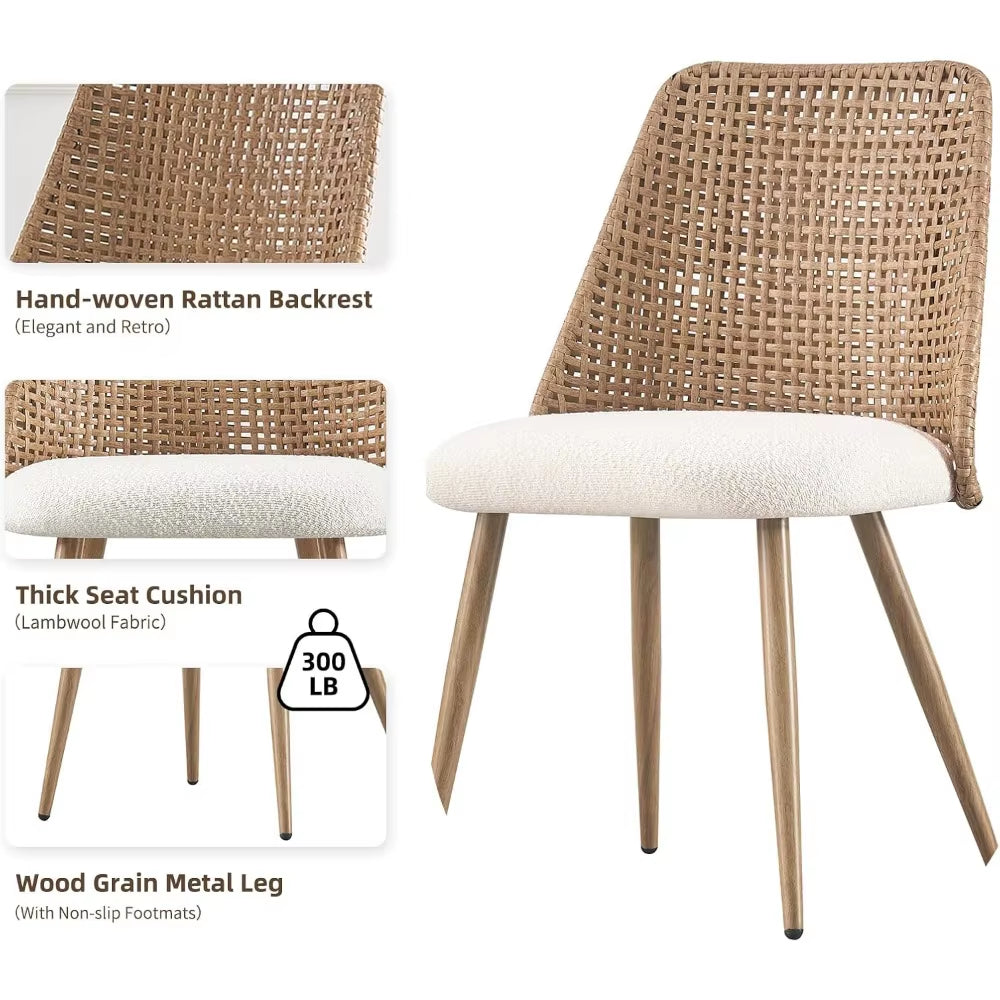 Rattan Dining Chairs Set of 4,Modern Upholstered Boucle Kitchen Room Chairs with PE Cane Back and Metal Legs for Kitchen