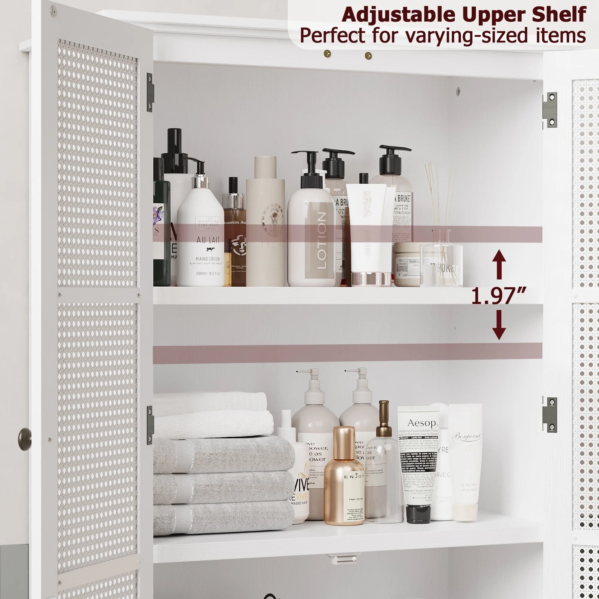 Bathroom Cabinet with Rattan Doors, Rattan Linen Storage Cabinet with 2 Drawers, White