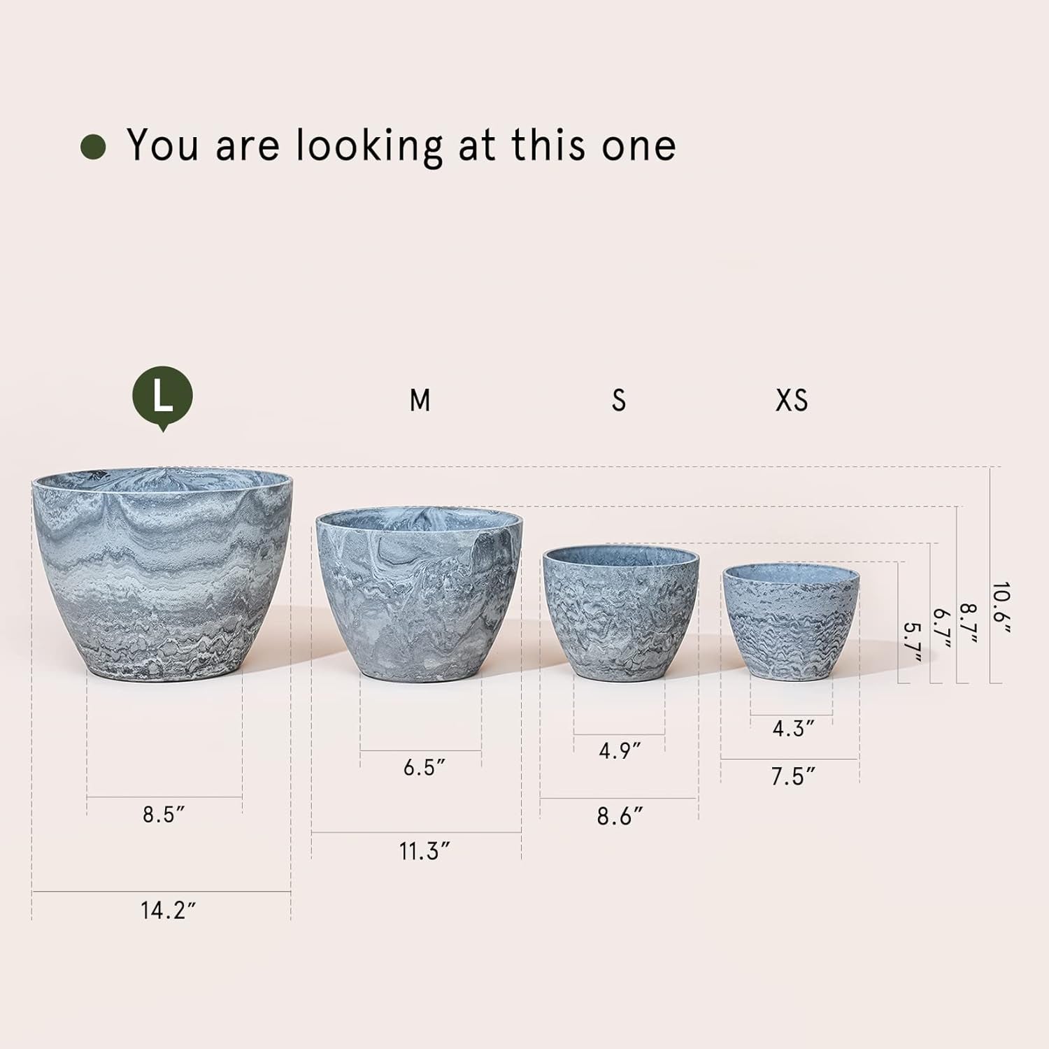 Large Planter Pot Indoor Outdoor - 14.2 Inch Tree Planter Flower Pot, Planters Container with Drain Holes (Marble)