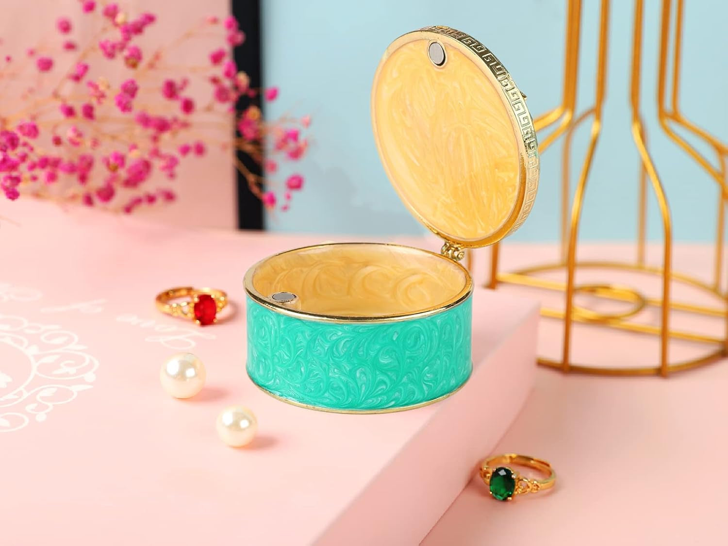 Peacock Trinket Box Hinged Crystal Enameled Ornament Decorative Jewelry Ring Store Box Hand-Painted Craft Gifts for Home Decor (Green)