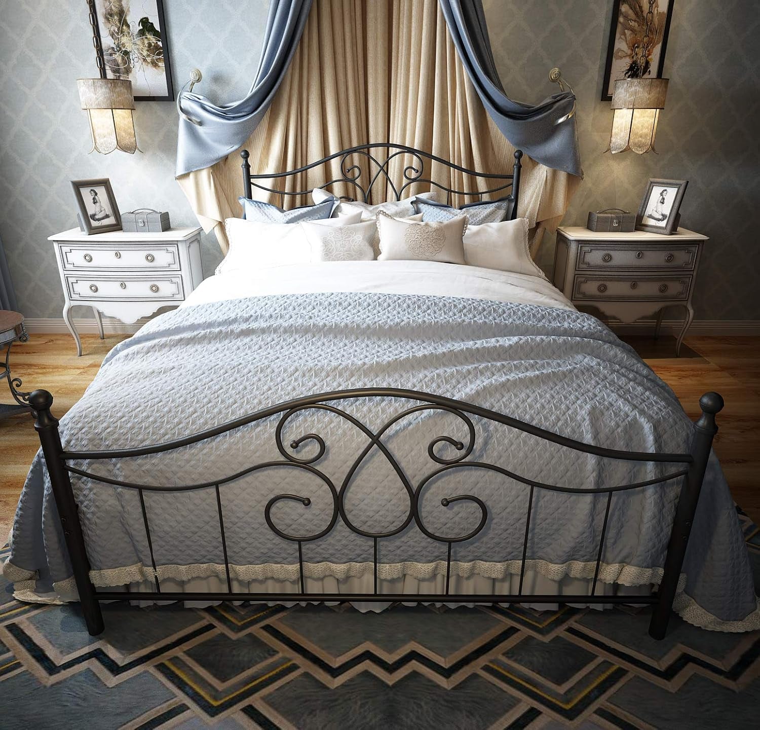 Vintage Sturdy Metal Bed Frame Queen Size with Vintage Headboard and Footboard Platform Base Bed Frame No Box Spring Needed Steel Bed (Queen, Black)