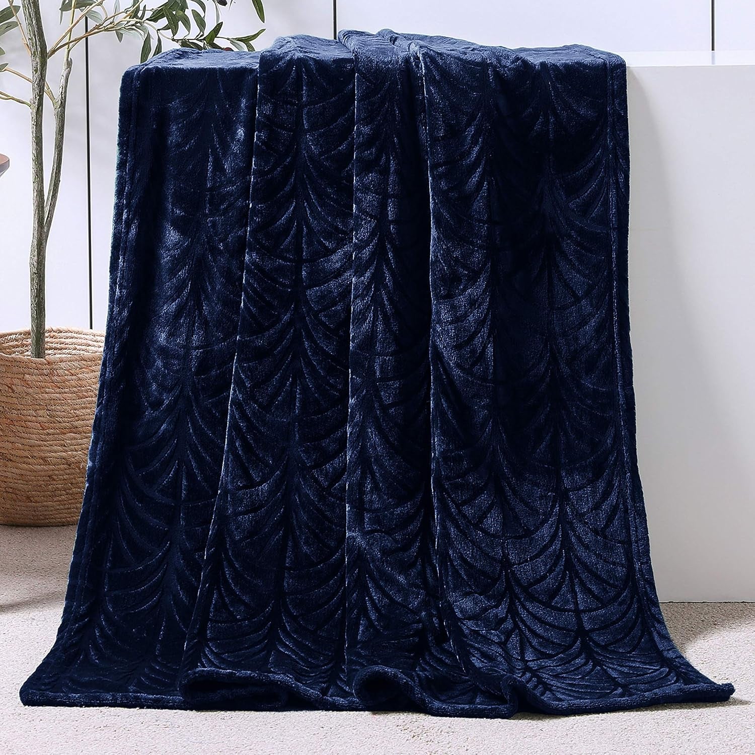 Flannel Fleece Throw Blanket for Couch, Soft Fluffy Velvet Sofa Blanket with Decorative Vintage Pattern for All Season, Warm and Lightweight, 50X60 Inch, Navy Blue