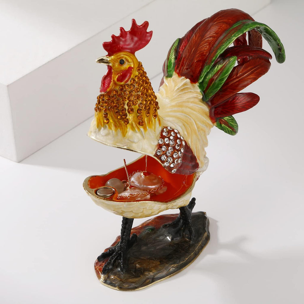 Hand Painted Animal Trinket Box for Home Decor, Hinged Enamel Jewelry Organizer Storage for Ring Earrings, Unique Figurine Keepsake Collectible Personalized Elegant Ornaments (Rooster)