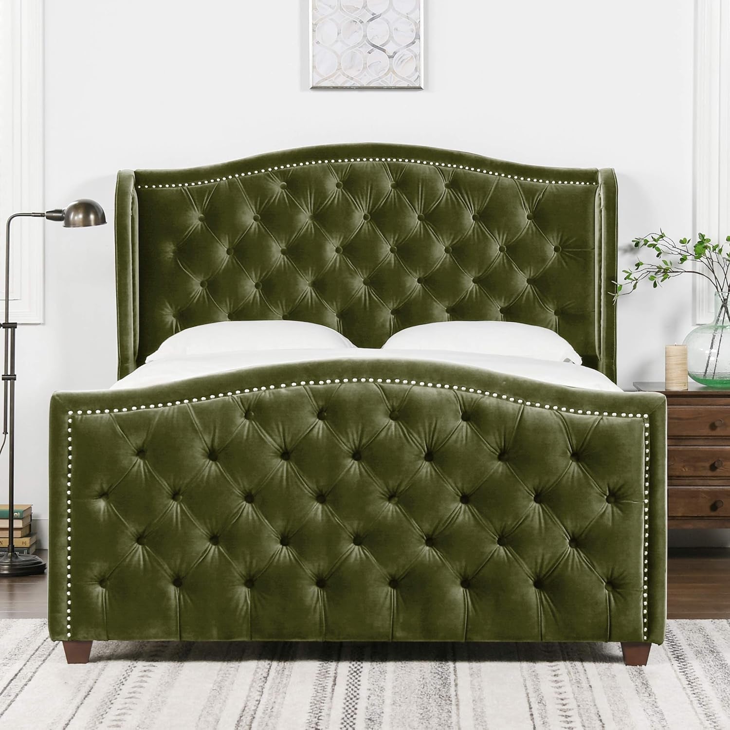 Marcella Upholstered Shelter Headboard Bed Set, Queen, Olive Green Performance Velvet