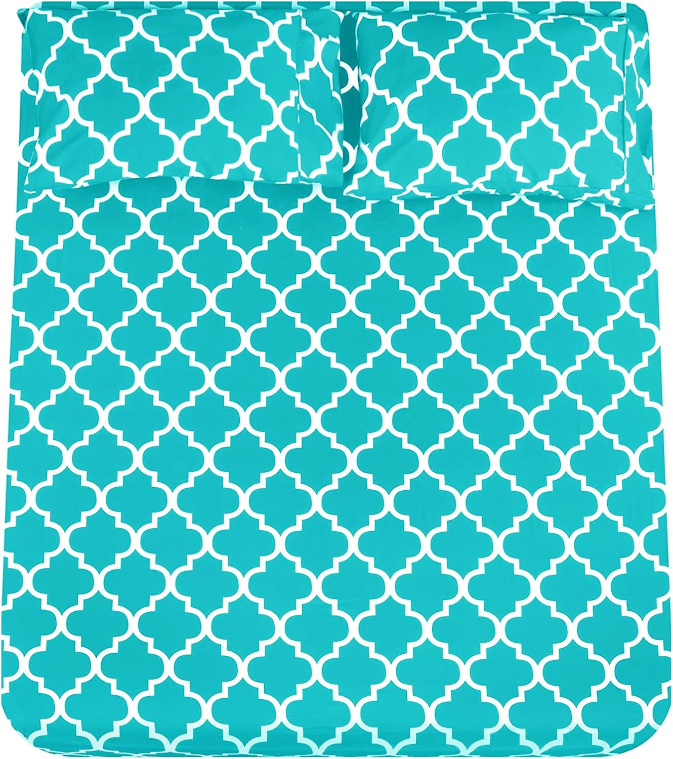 Full Bed Sheet Set - Super Soft Brushed Microfiber 1800 Thread Count Sheets with 16 Inch Deep Pocket - Wrinkle Free - 4 Piece(Full, Aqua Quatrefoil with White Pattern)