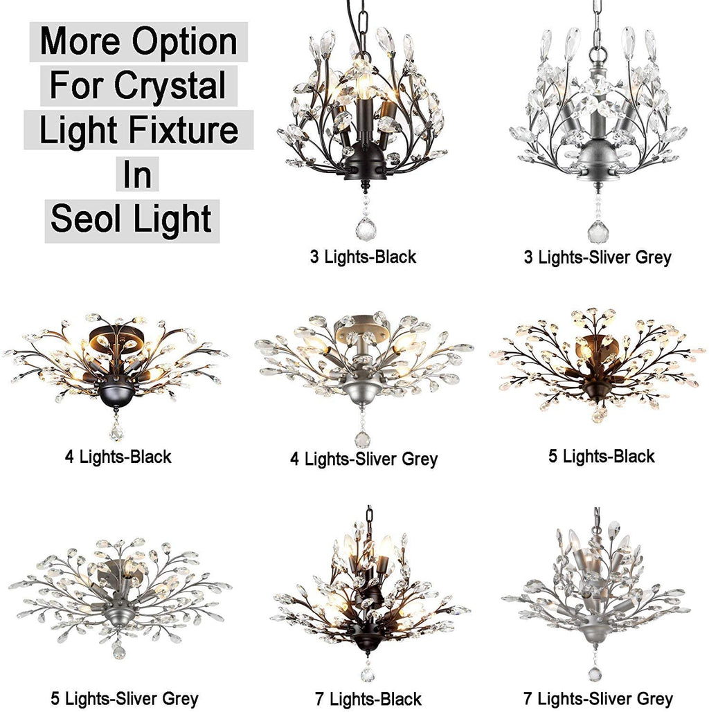 -Light 24.5" Dia 4-Light Vintage Crystal Branch Close to Ceiling Light Fixture Black Chandelier Flush Mount,E12,160W,For Bedroom,Kitchen,Living Room;