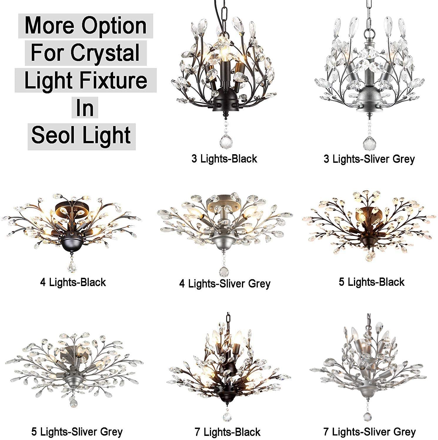 -Light 24.5" Dia 4-Light Vintage Crystal Branch Close to Ceiling Light Fixture Black Chandelier Flush Mount,E12,160W,For Bedroom,Kitchen,Living Room;