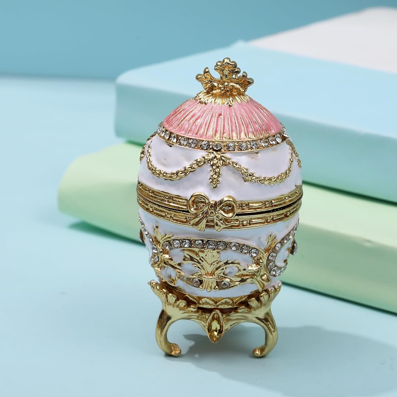 Unique Faberge Egg Trinket Box, Hand-Painted Enameled Hinged Jewelry Organizer, Vintage Bejeweled Storage, Mini Ring Earrings Jewelry Box, Figurine Collectible Keepsake Home Decor